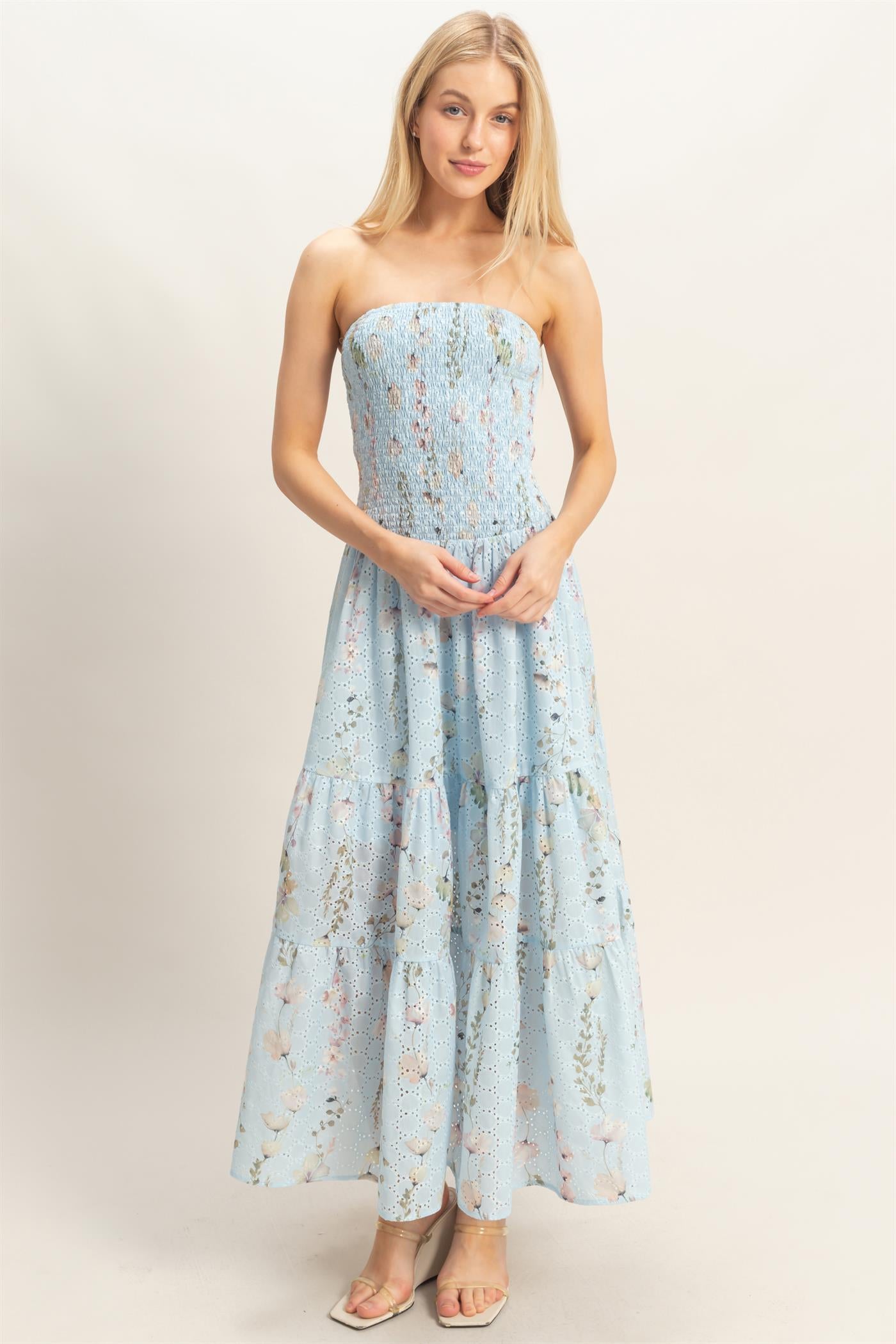 Wholesale Strapless Smocked Floral Dress Dresses HF25E642-D BLUE HYFVE