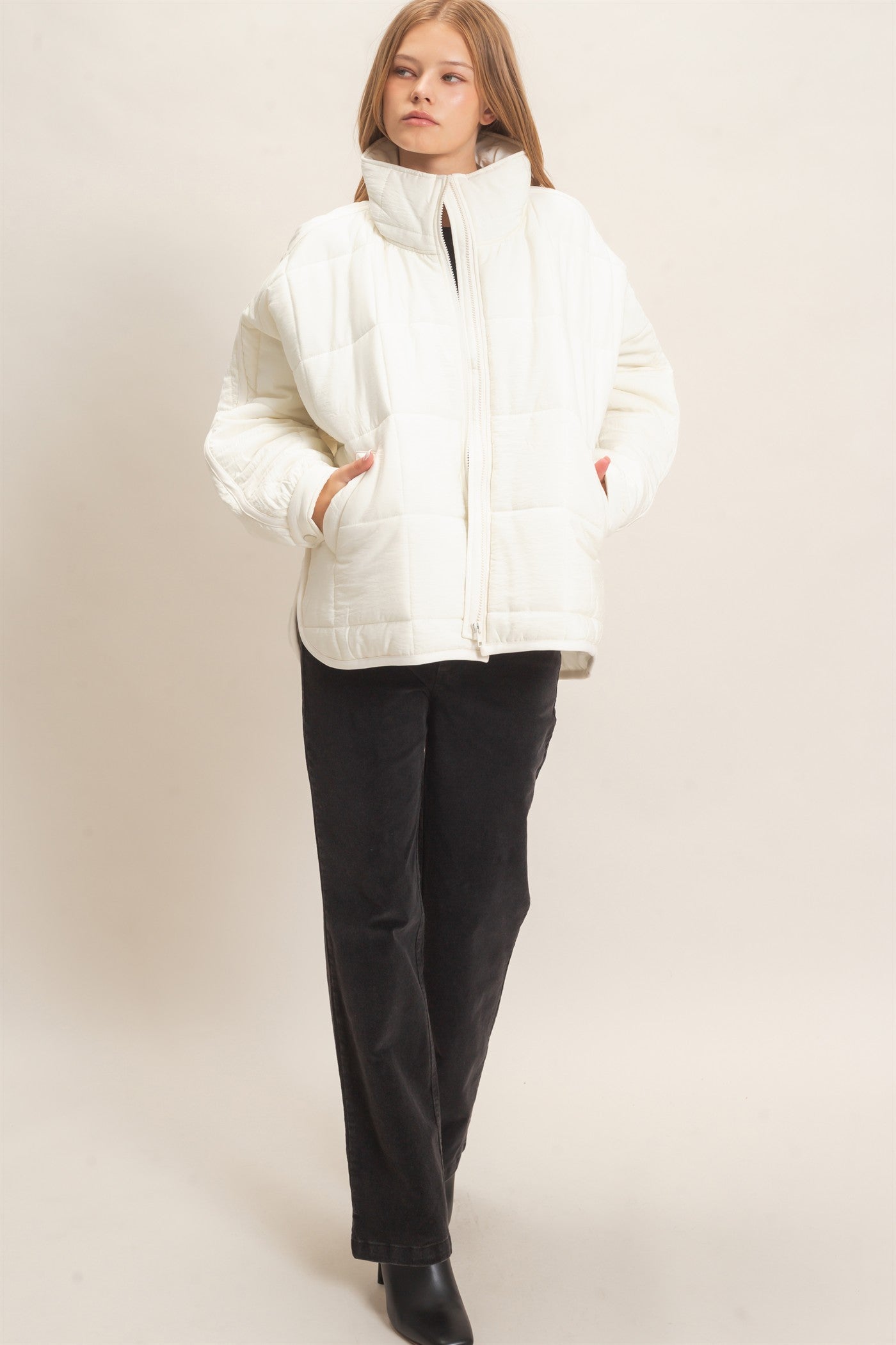 Wholesale Quilted Mock Neck Zip-Up Puffer Jacket Coats & Jackets HF26C865 IVORY HYFVE