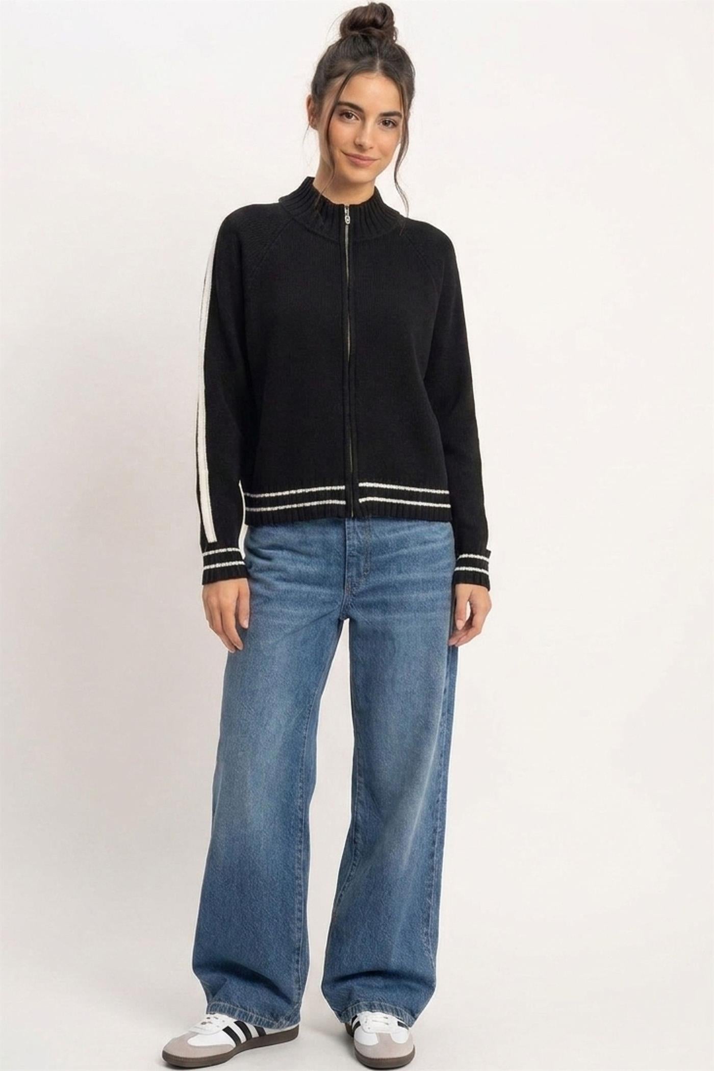 Wholesale Contrast Stripe Zip-Up Sweater Sweaters DZ26E861 BLACK DOUBLE ZERO