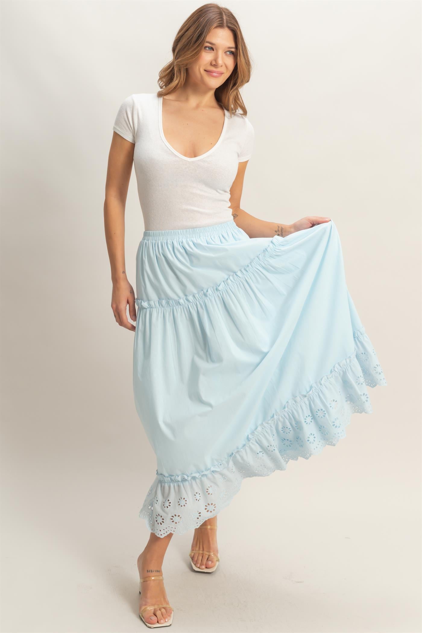 Wholesale Tiered Eyelet Maxi Skirt Skirts HF26C313 LIGHT BLUE HYFVE