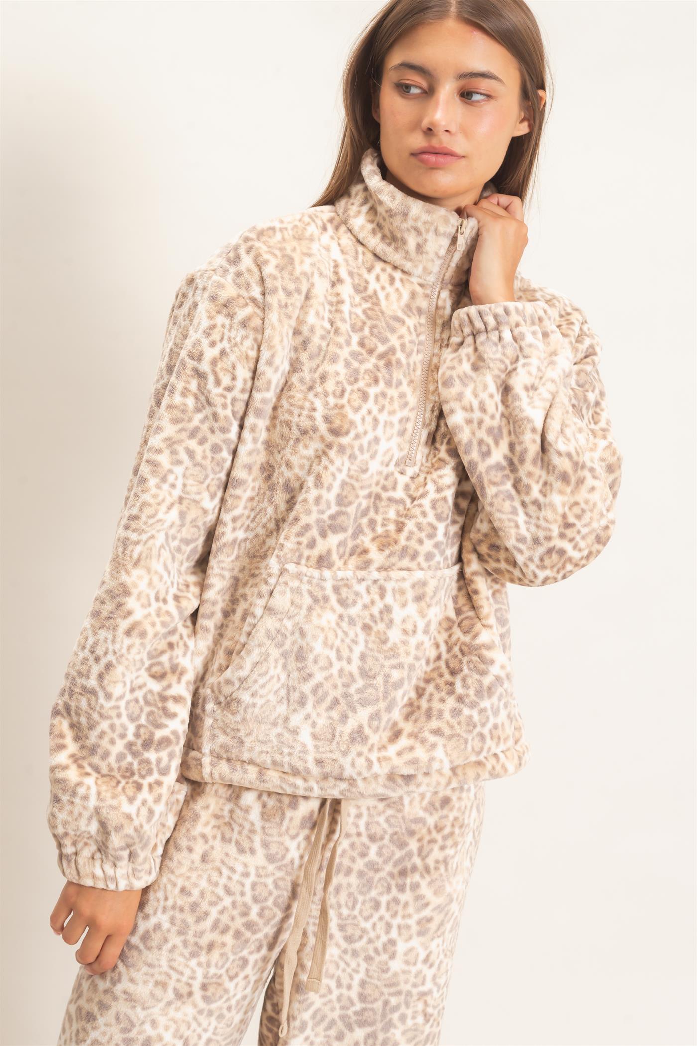 Wholesale Leopard Print Fleece Half Zip Pullover Sweaters DZ26E830 BEIGE DOUBLE ZERO