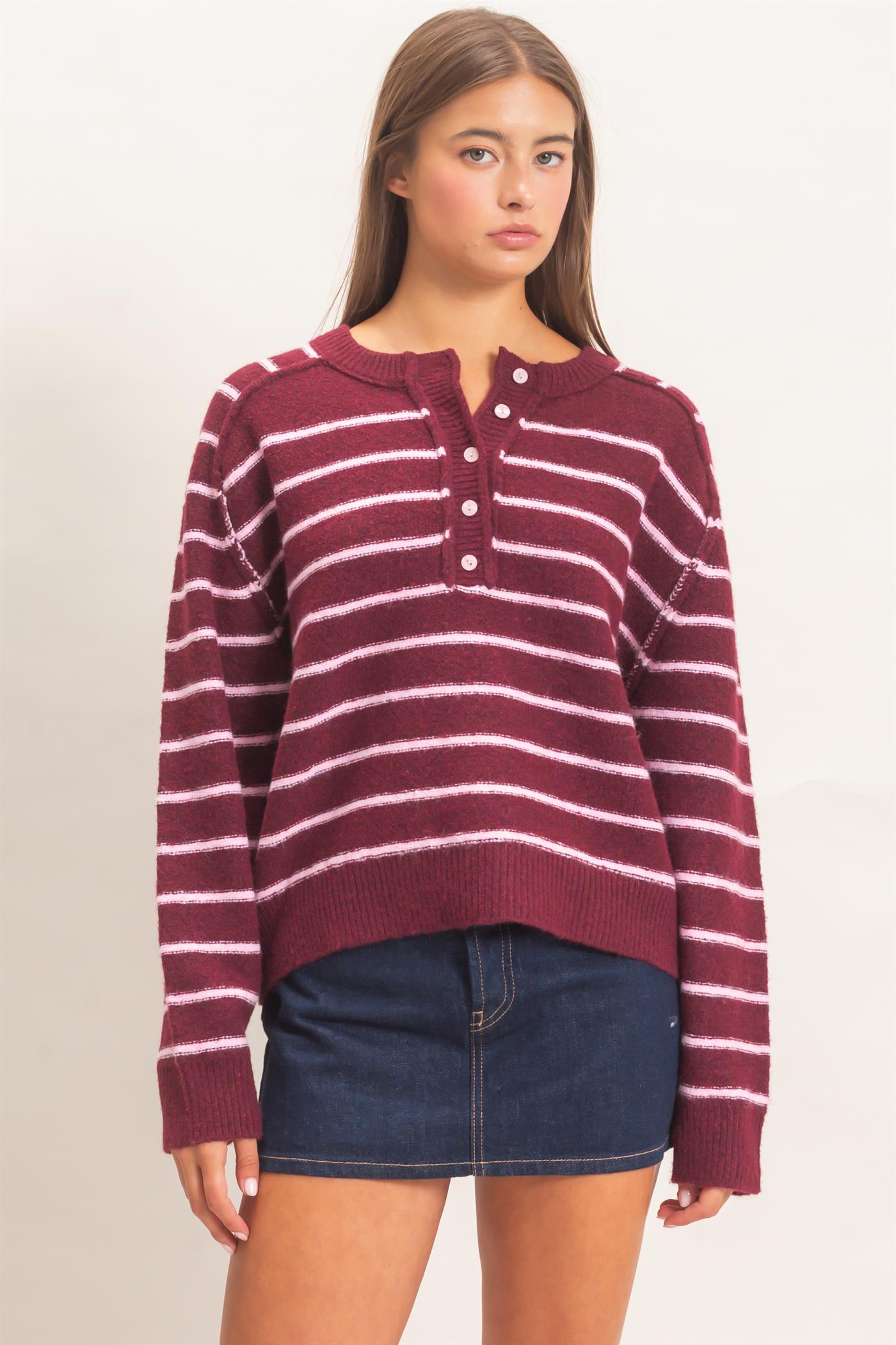 Wholesale Stripe Henley Sweater Sweaters DZ26F002 DARK CHERRY DOUBLE ZERO