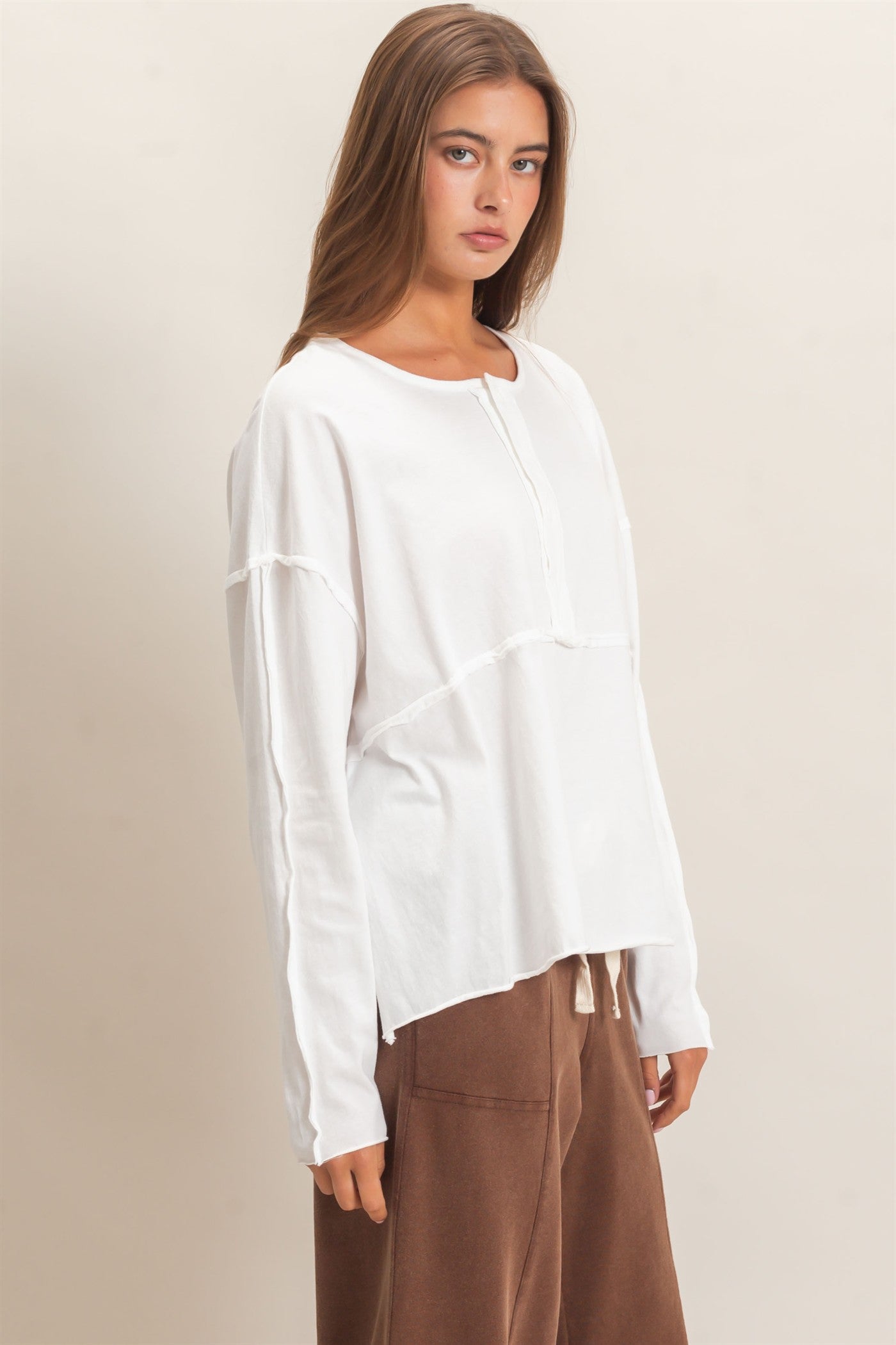 Wholesale Oversized Henley Top With Raw Edges Clothing Tops DZ26F128 WHITE DOUBLE ZERO