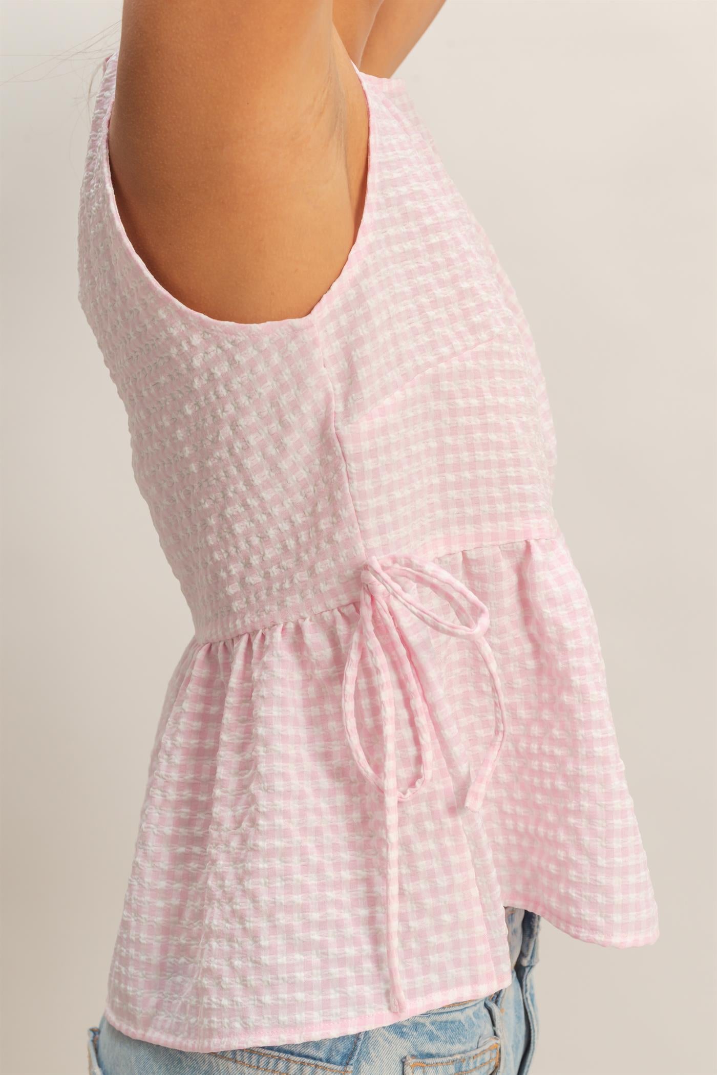 Wholesale Gingham Sleeveless Peplum Top With Side Ties Blouses DZ26C073 PINK HYFVE