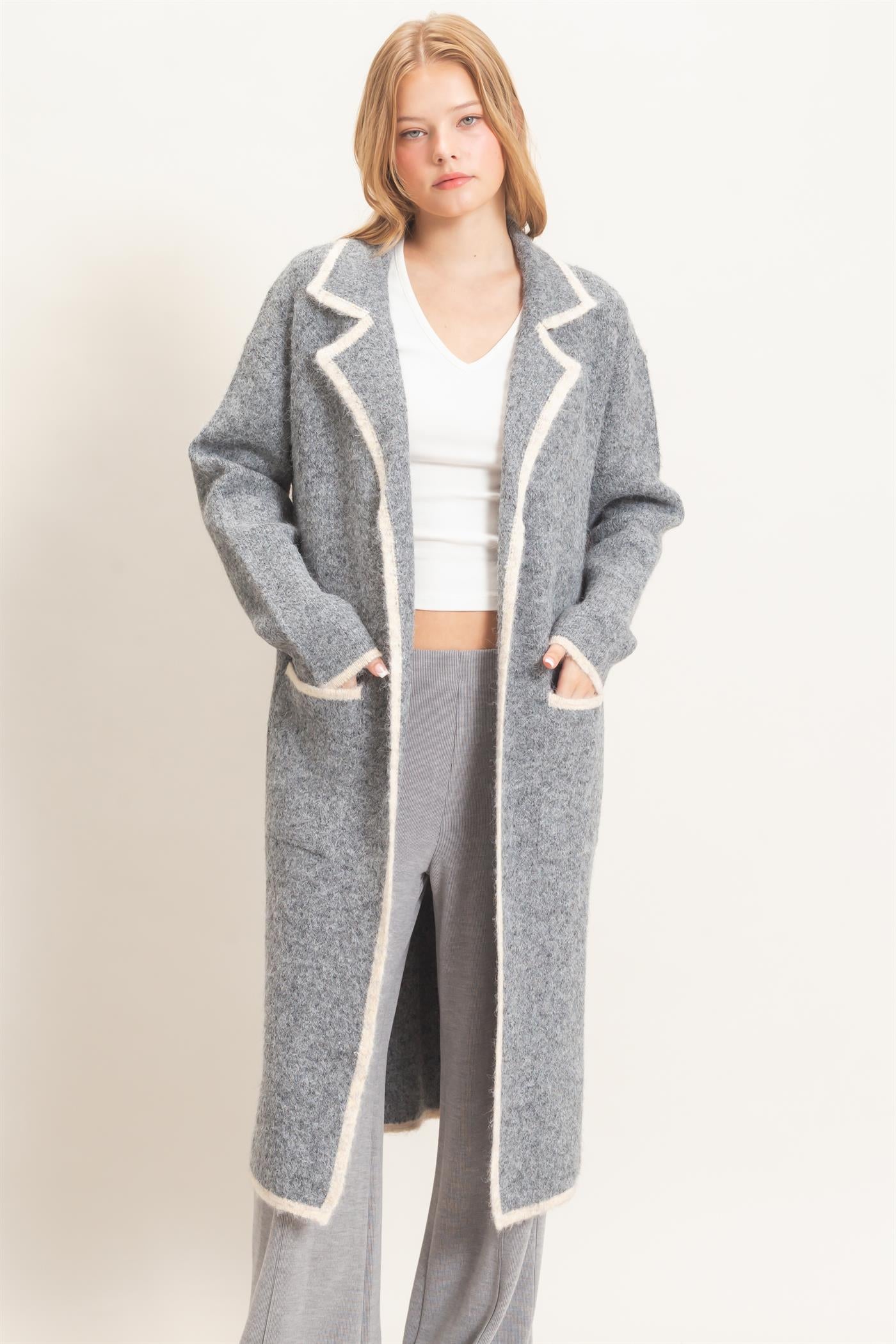 Wholesale Notched Collar Coatigan Sweater Cardigans HF26E695 GRAY HYFVE