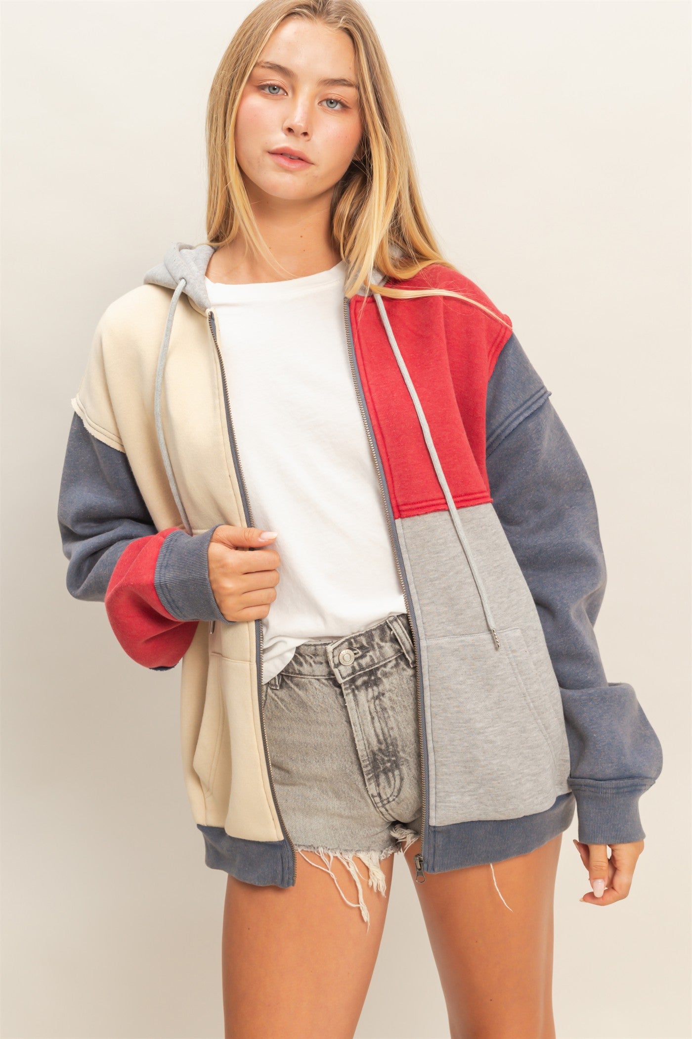 Wholesale Mineral Washed Colorblock Hoodie Jacket Hoodies HF26A959 NAVY COMBO HYFVE