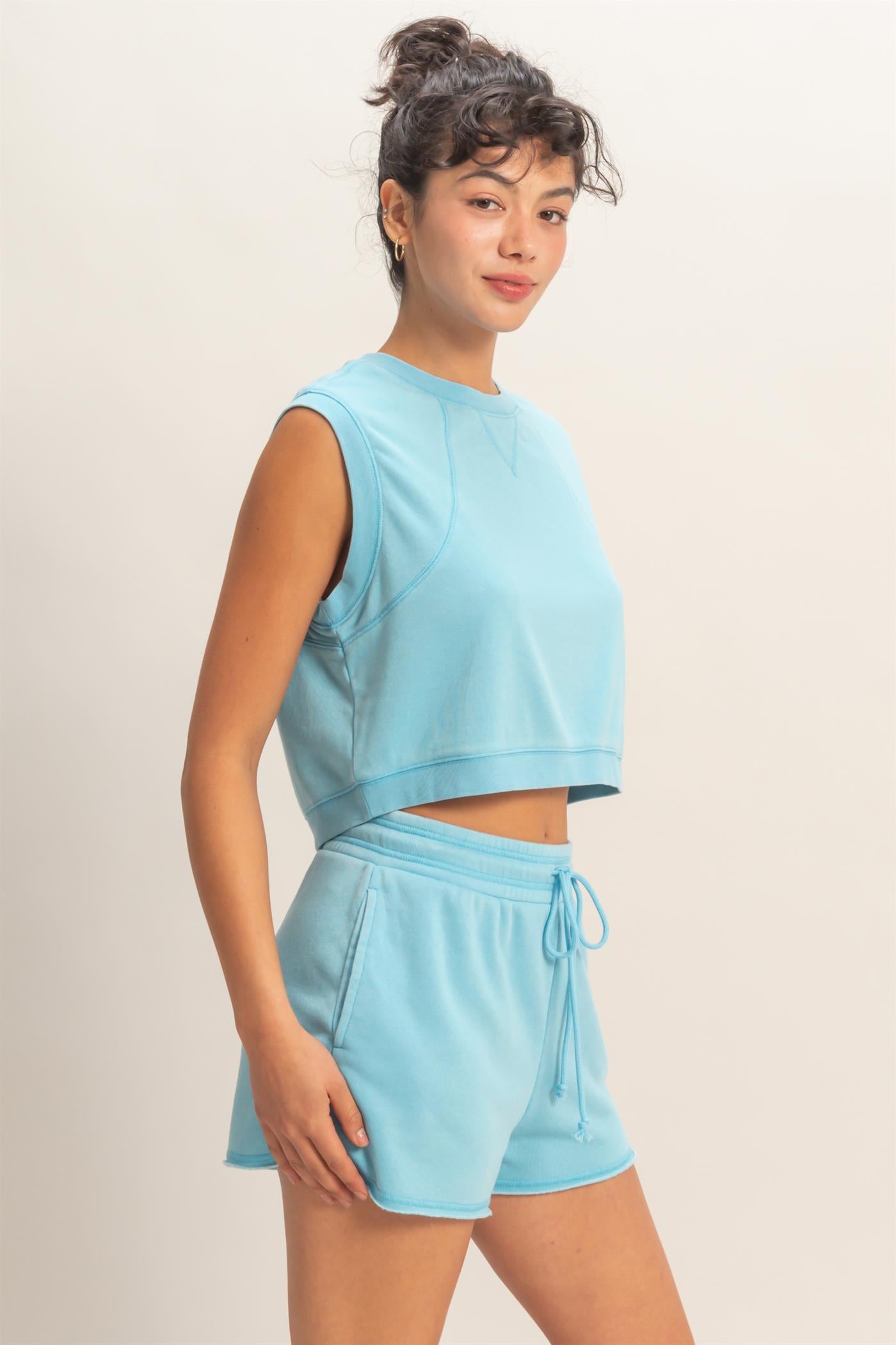 Wholesale Burnout French Terry Sleeveless Top & Shorts Set Clothing Tops DZ26A171-SET BLUE DOUBLE ZERO