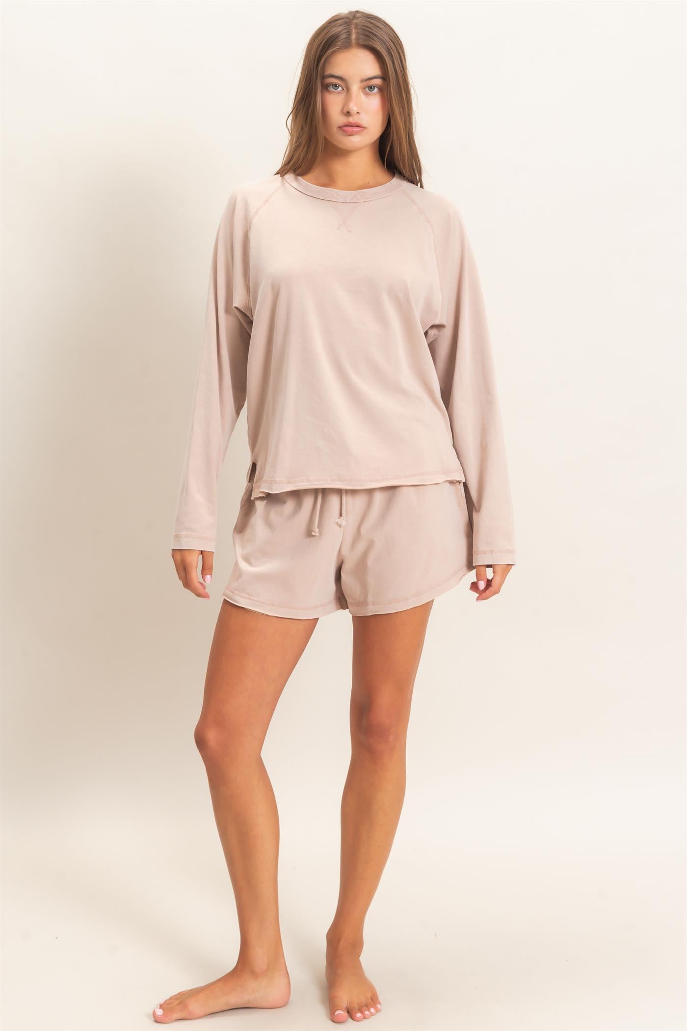 Wholesale Mineral Wash Long Sleeve Raw Edge Top & Shorts Set Clothing DZ26F403-SET DARK TAUPE DOUBLE ZERO