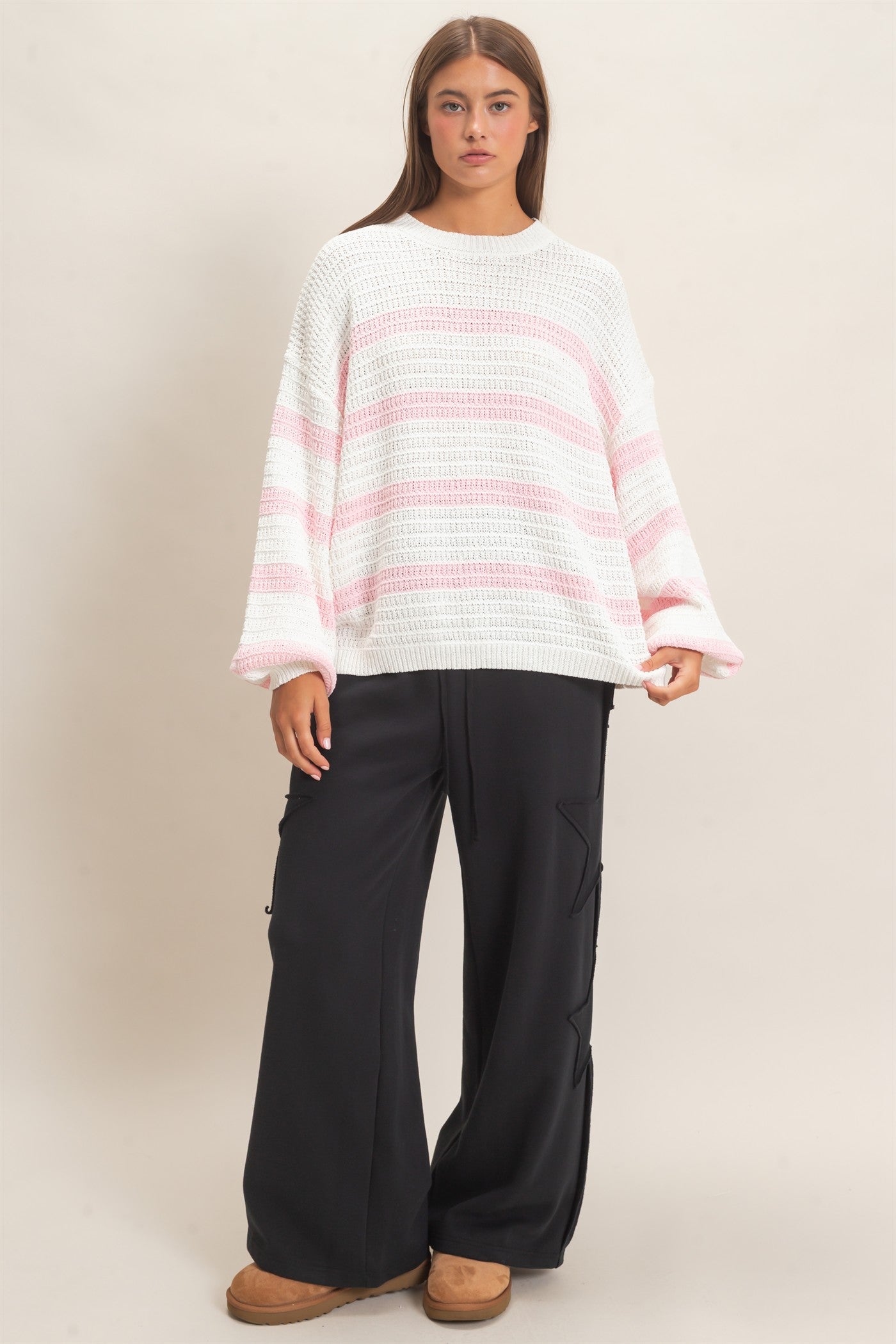 Wholesale Striped Oversized Sweater Sweaters DZ27A192 PINK DOUBLE ZERO