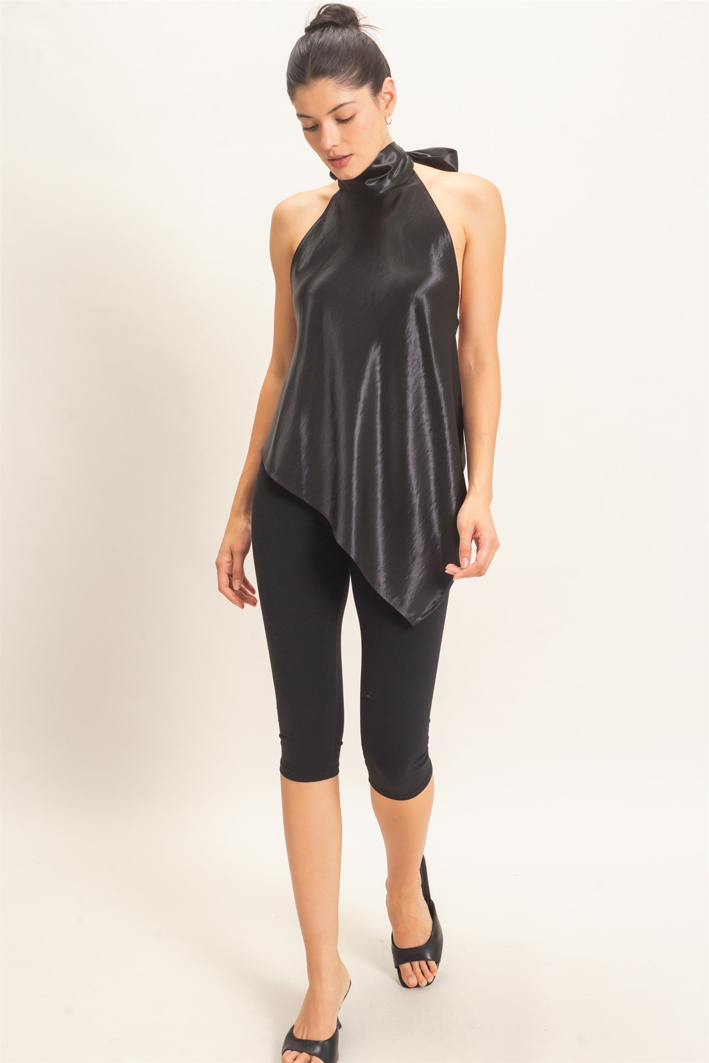 Wholesale Asymmetrical Satin Halter Top Blouses HF26F114 BLACK HYFVE