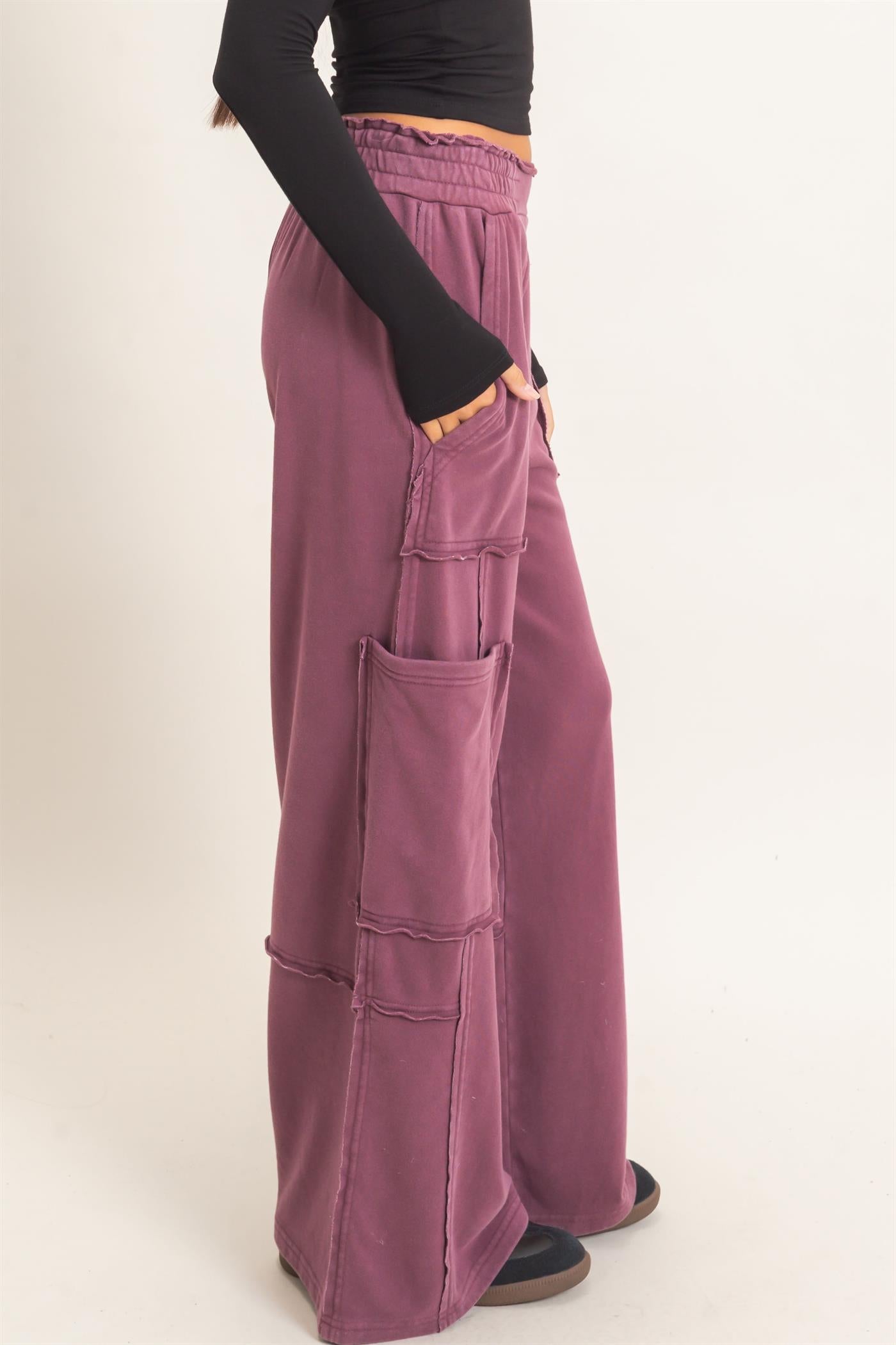 Wholesale Mineral Wash Cargo Pocket Pants Pants DZ26C963 DARK CHERRY DOUBLE ZERO