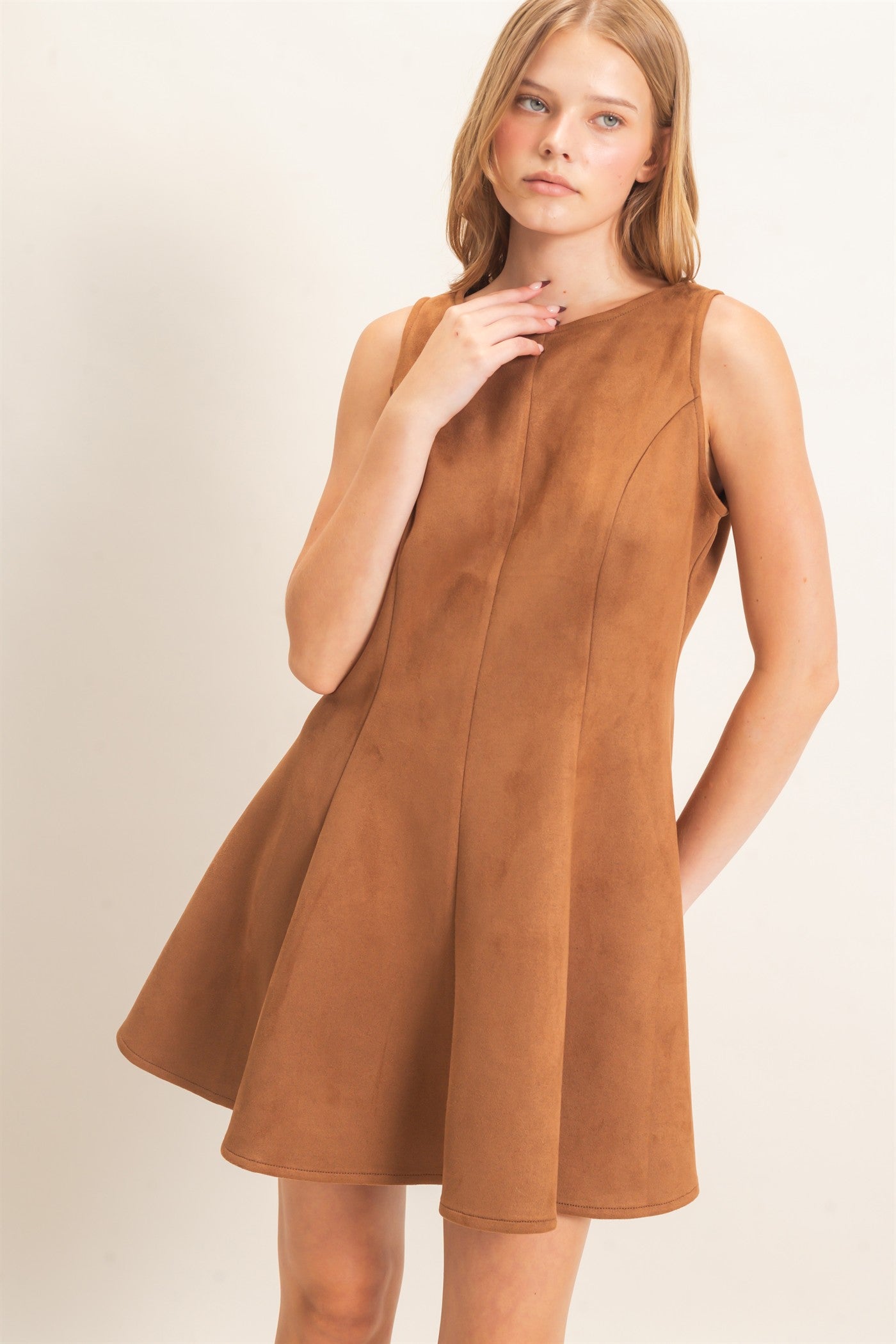 Wholesale Sleeveless Suede Mini Dress Dresses HF26F218 CAMEL HYFVE