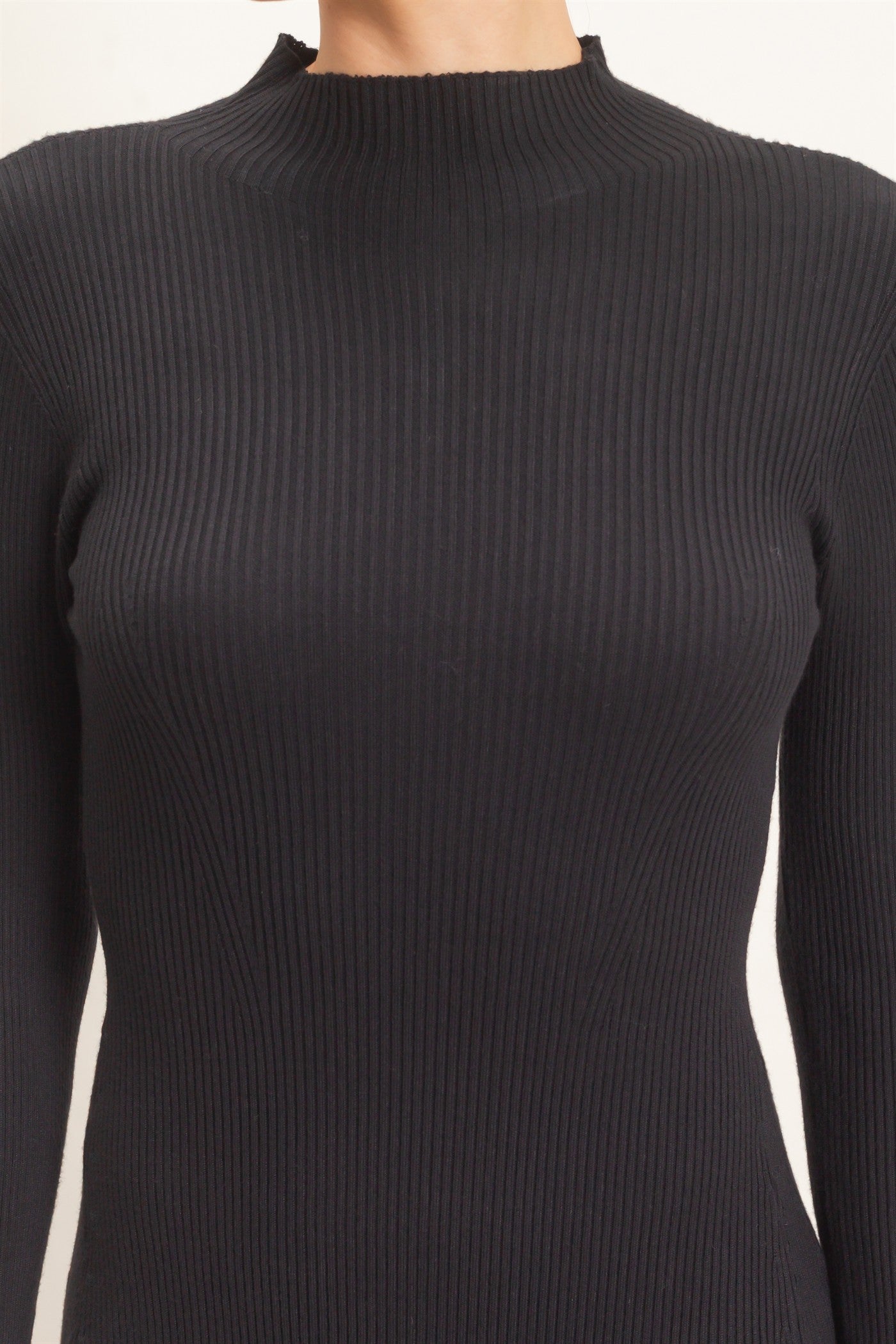 Wholesale Ribbed Mock Neck Long Sleeve Midi Dress Dresses HF26F156-D BLACK HYFVE