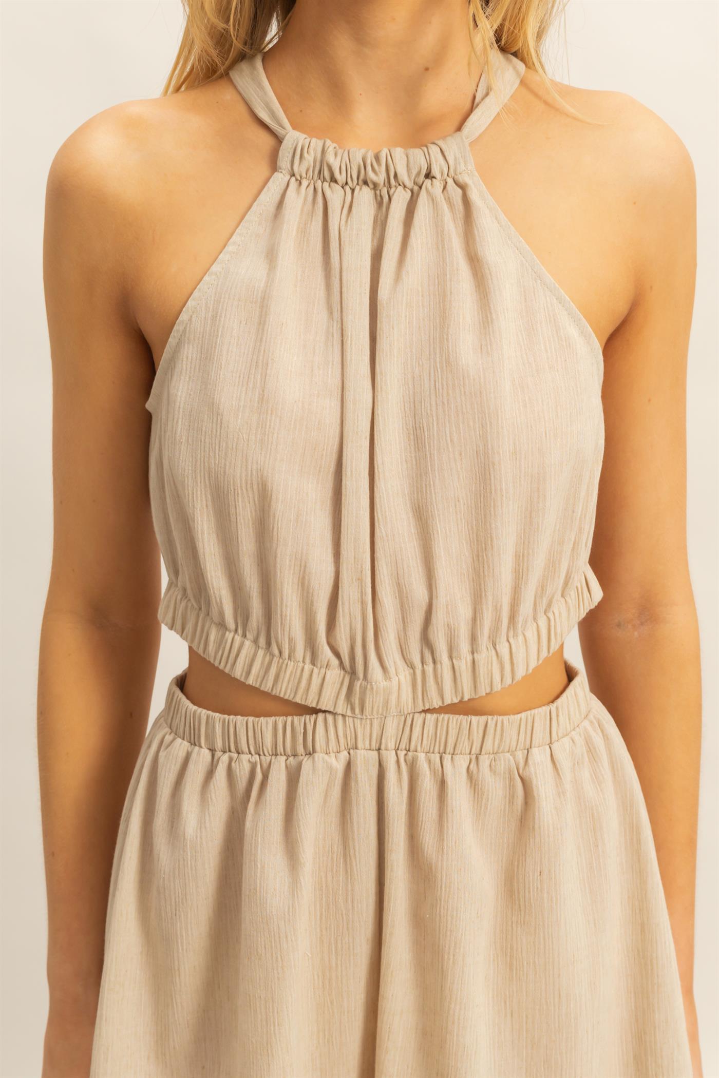 Wholesale Halter Neck Side Cutout Relaxed Fit Romper Clothing HF25A221 OATMEAL HYFVE