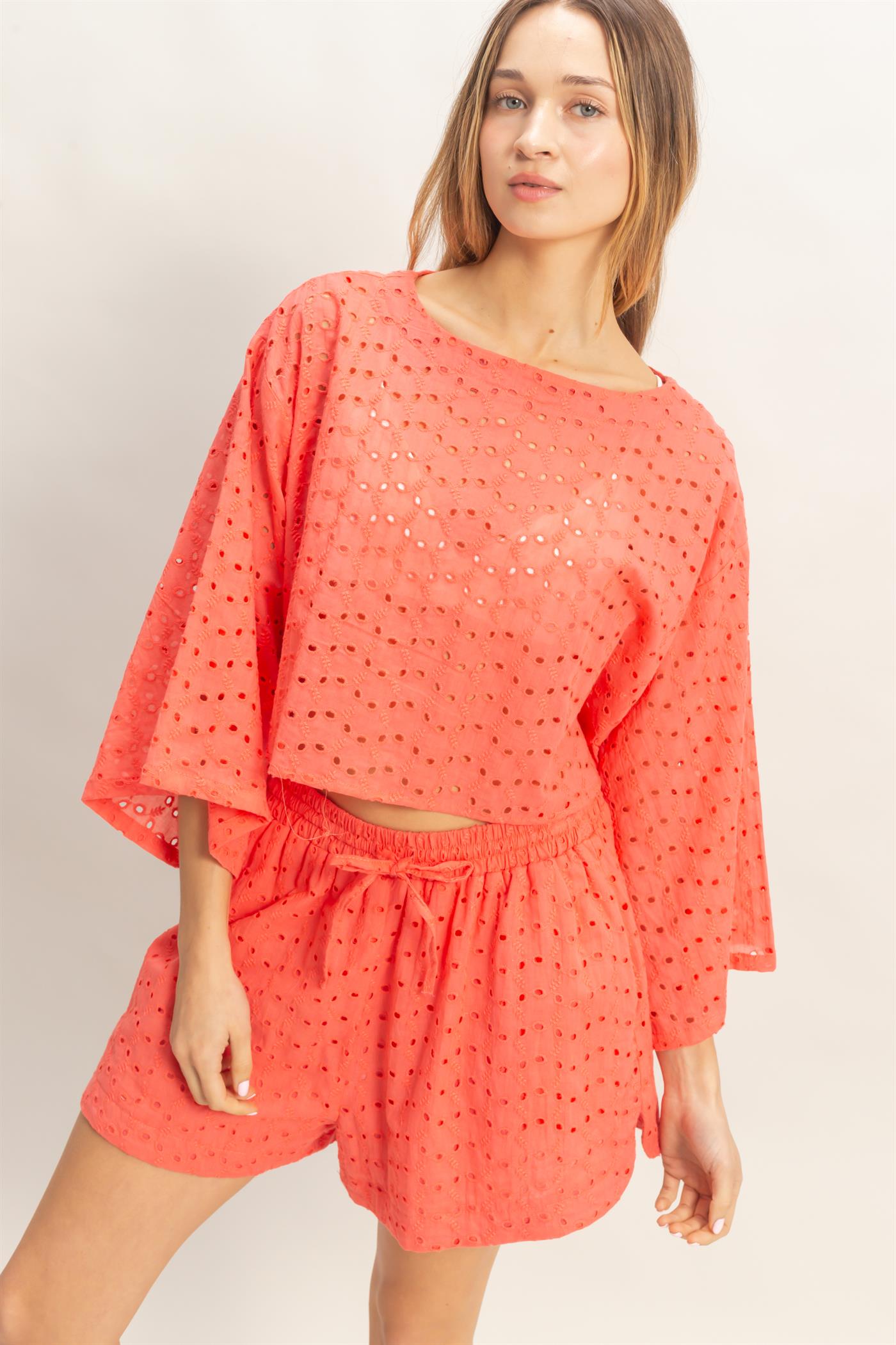 Wholesale Eyelet Long Sleeve Top & Shorts Set Clothing HF26A066-SET ORANGE RED HYFVE