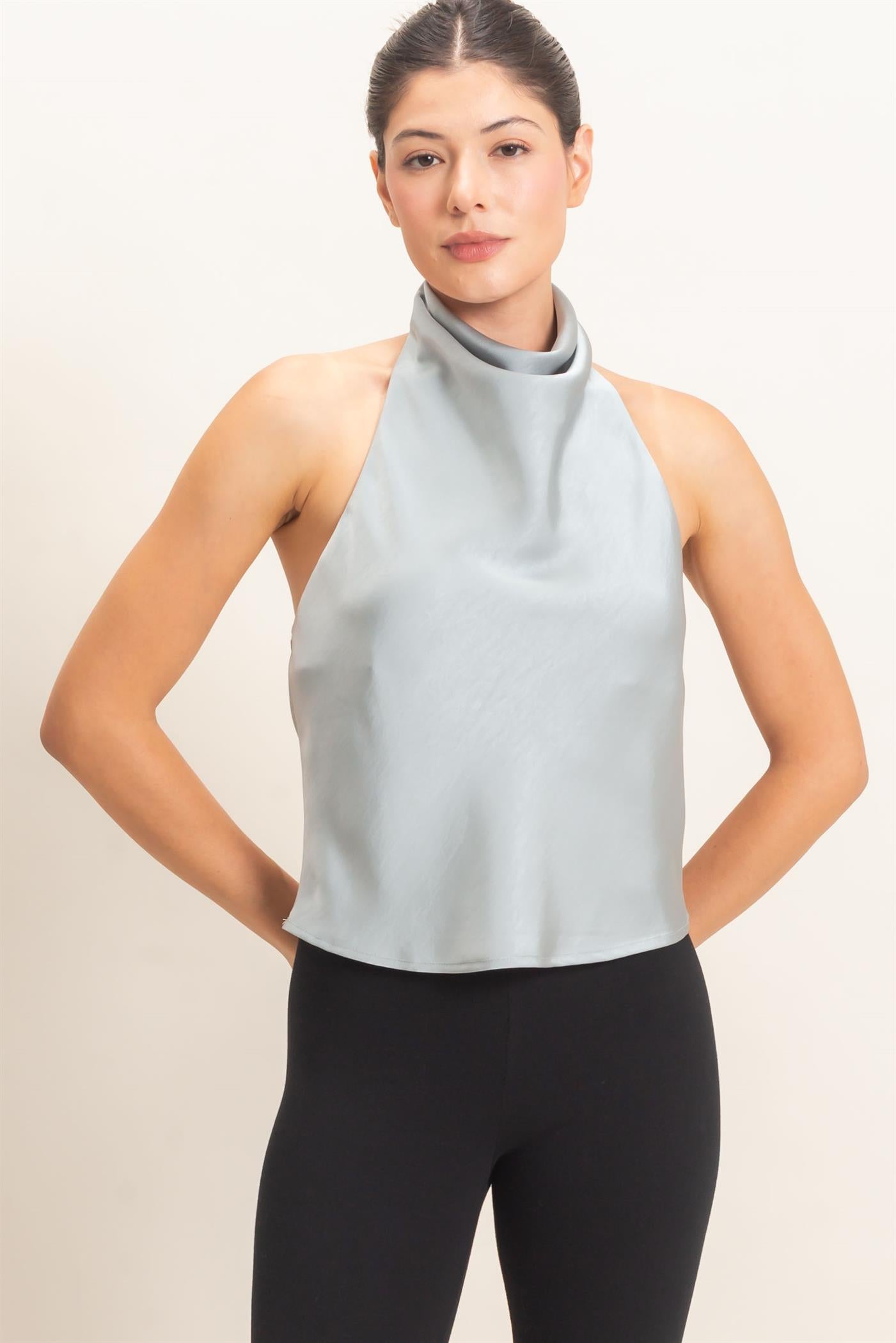 Wholesale Draped Halter Satin Top Blouses HF26E632 MISTY BLUE HYFVE