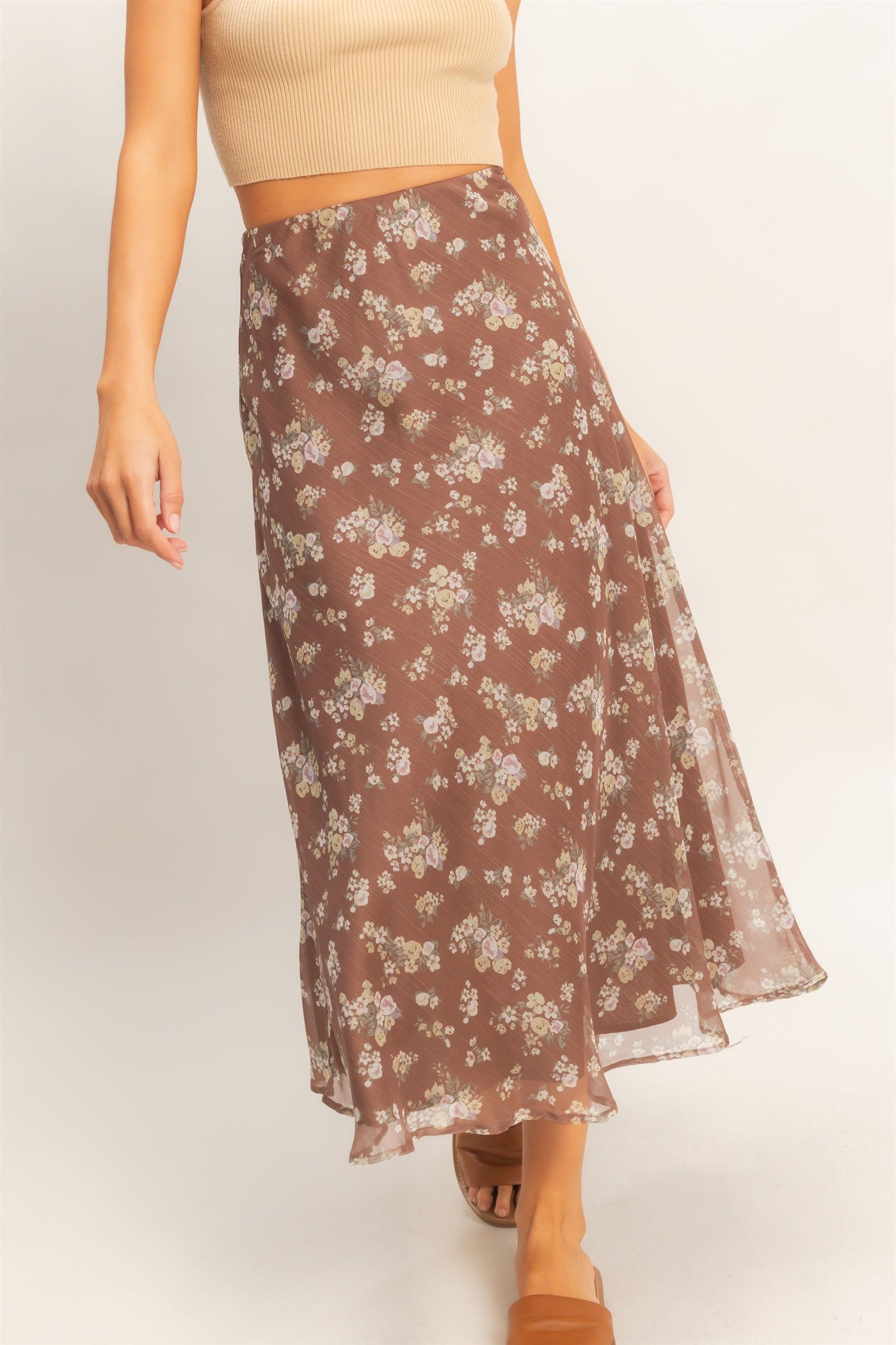 Wholesale Floral Print Bias Skirt Skirts HF26E649 BROWN HYFVE