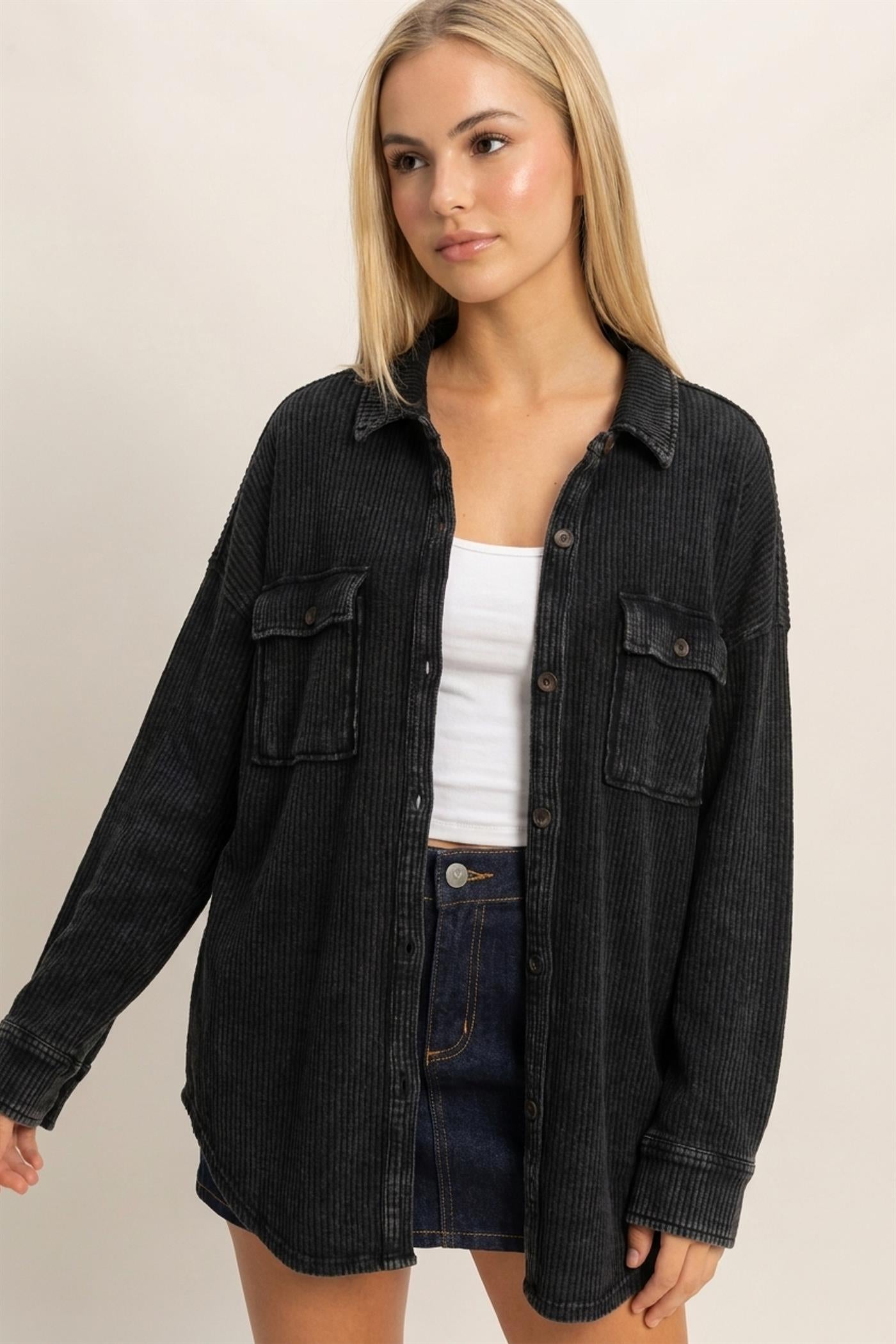 Wholesale Mineral Wash Waffle Knit Button-Up Shacket Coats & Jackets DZ26E249 BLACK DOUBLE ZERO