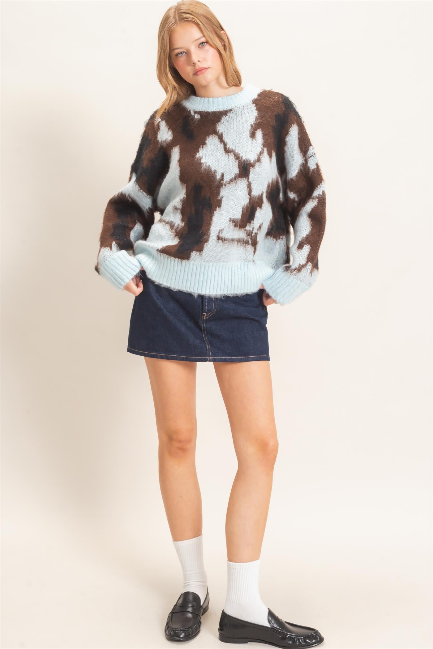 Wholesale Abstract Jacquard Mock Neck Sweater Sweaters HF26E663 BLUE HYFVE