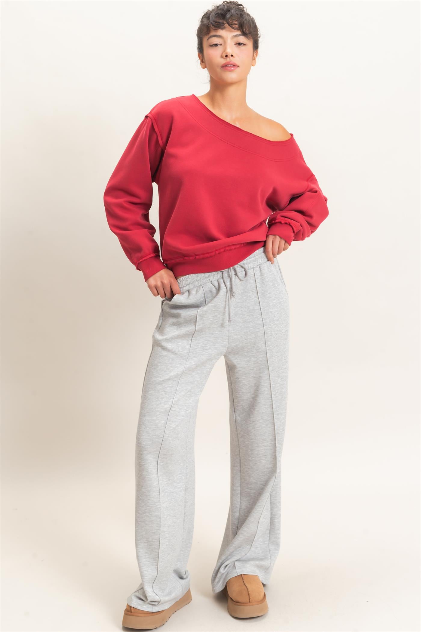 Wholesale Drawstring Waist Pintuck Wide Leg Pants Pants DZ26E384 HEATHER GRAY HYFVE