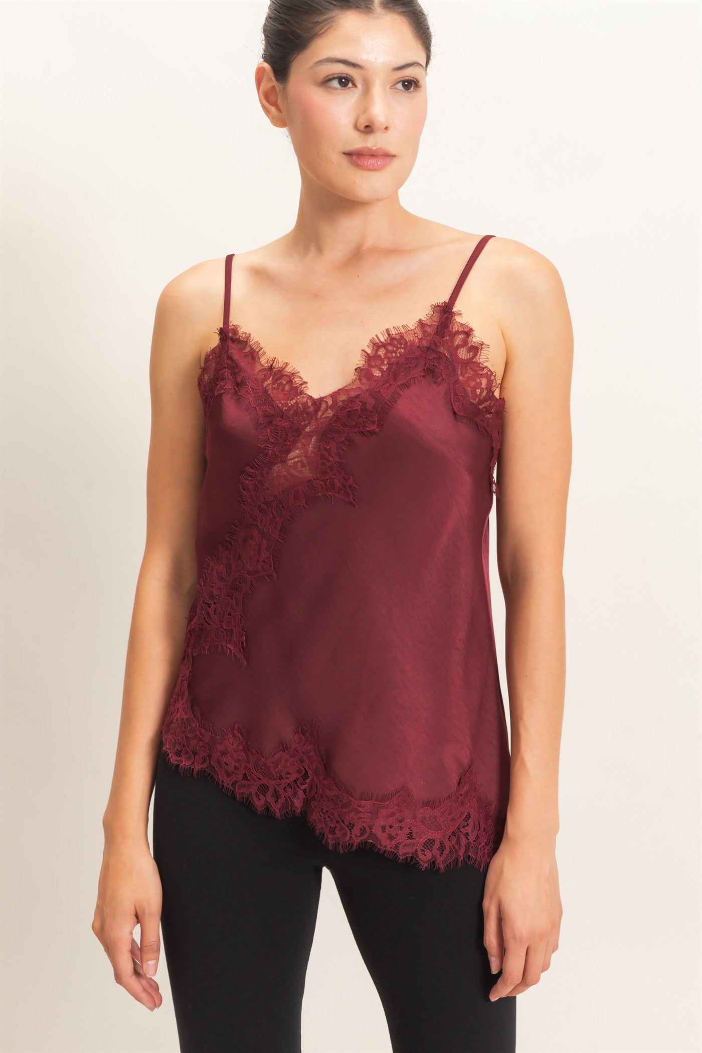 Wholesale Asymmetrical Satin Lace Top Camisoles HF26C945-D BURGUNDY HYFVE