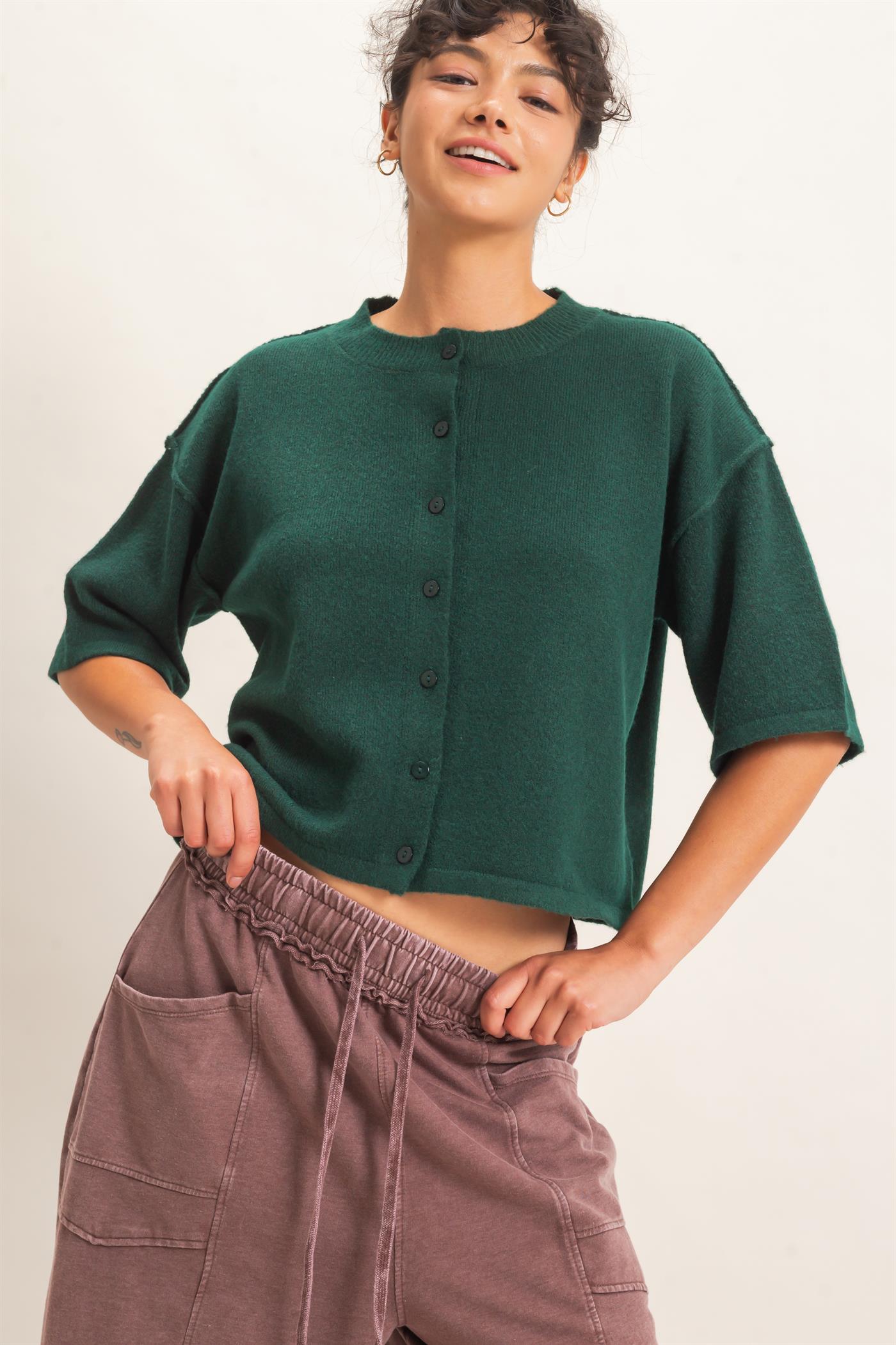 Wholesale Drop Shoulder Short Sleeve Cardigan Cardigans DZ26E238 DARK GREEN DOUBLE ZERO