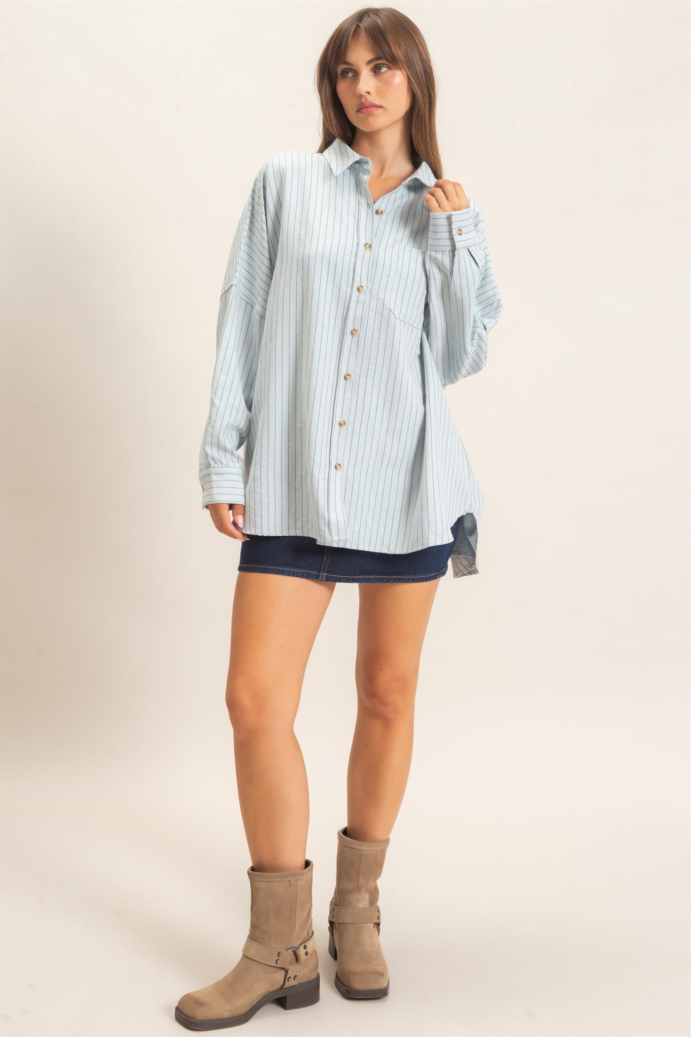 Wholesale Striped Button-Up Shirt Shirts HF26F134 BLUE HYFVE