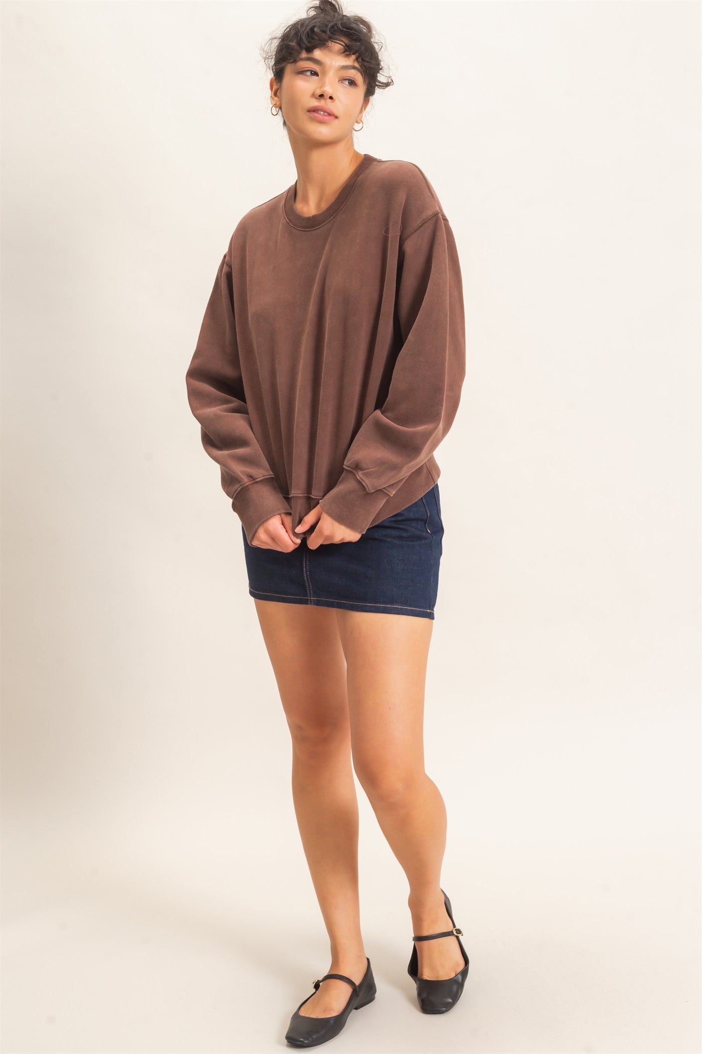 Wholesale Acid Wash Crew Neck Sweatshirt Sweatshirts DZ26E082 DARK BROWN DOUBLE ZERO