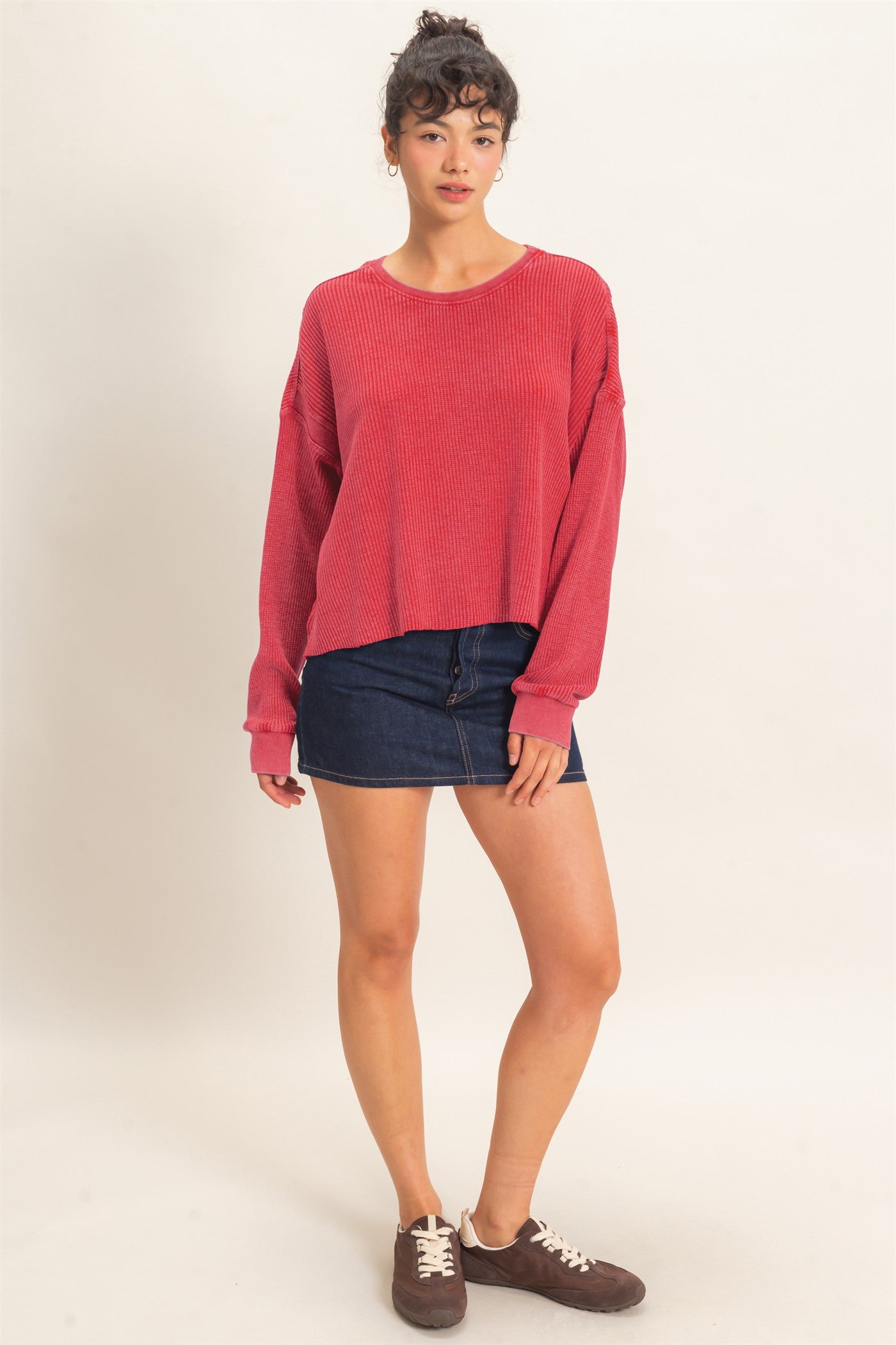 Wholesale Mineral Wash Waffle Open Back Top Clothing Tops DZ26C964 DARK RED DOUBLE ZERO