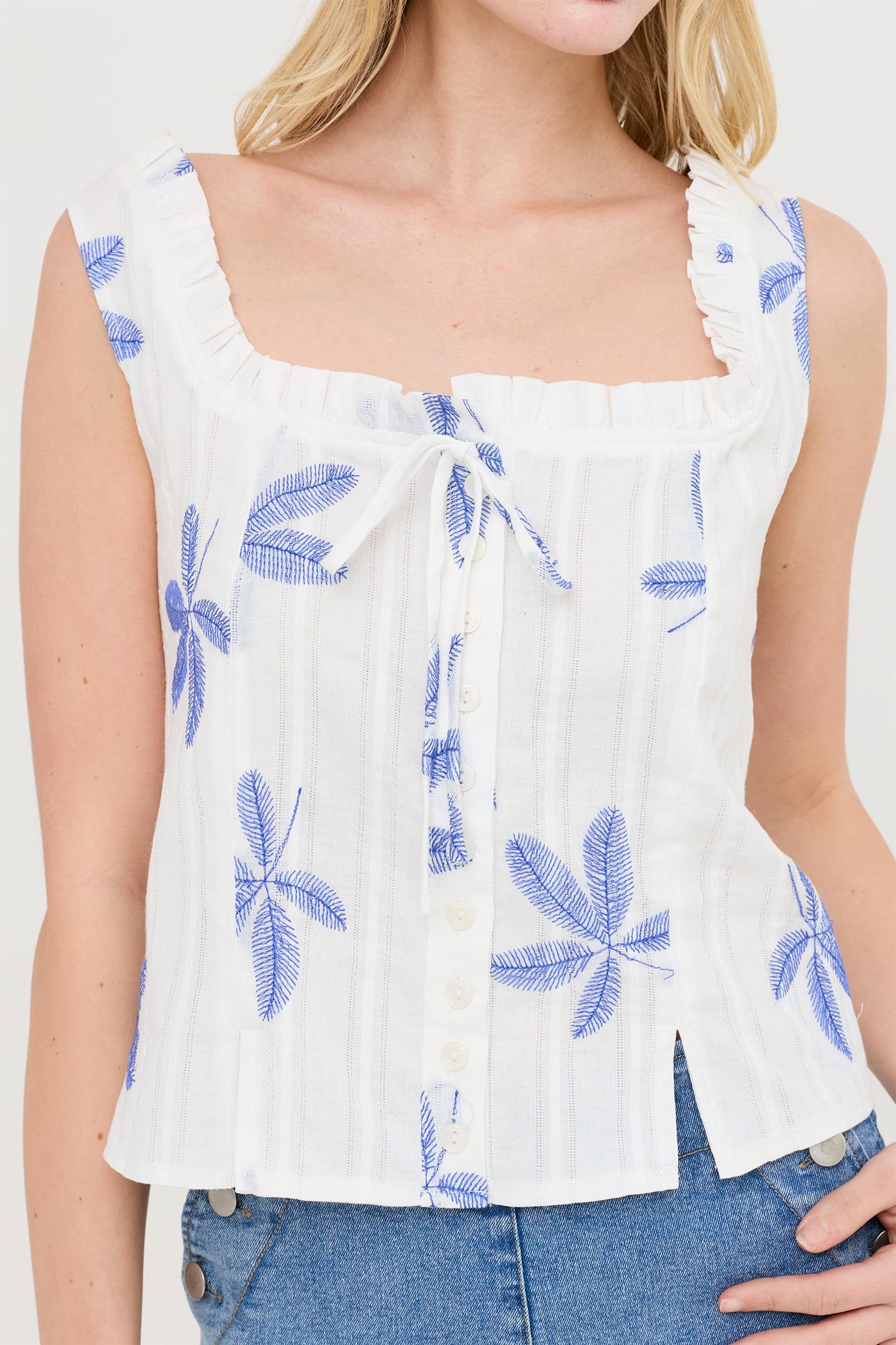 Wholesale Sleeveless Square Neck Ruffle Top Clothing Tops HF26A484 BLUE HYFVE