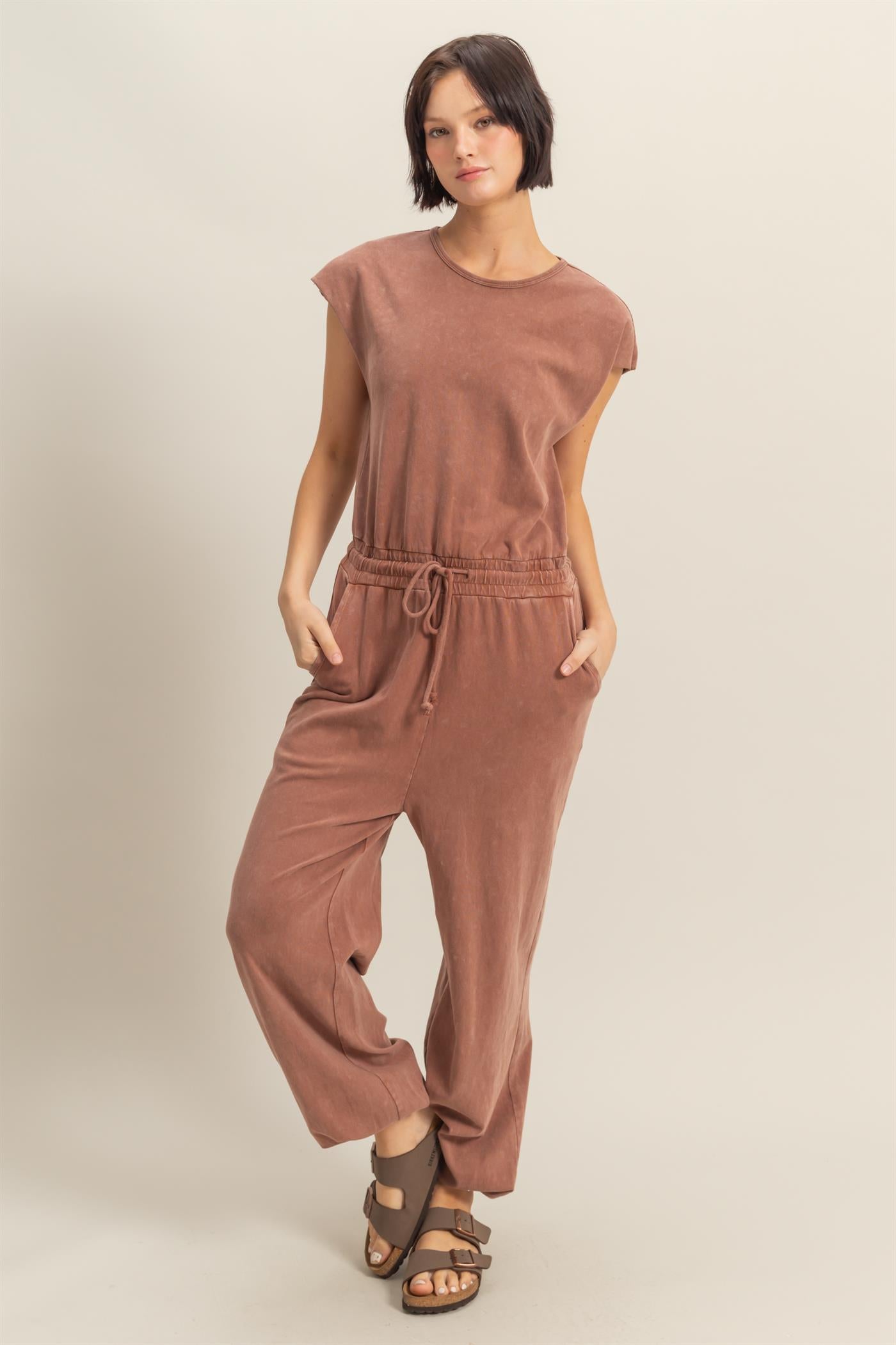 Wholesale Short Sleeve Casual Jumpsuit Clothing DZ24C619 CHESTNUT DOUBLE ZERO