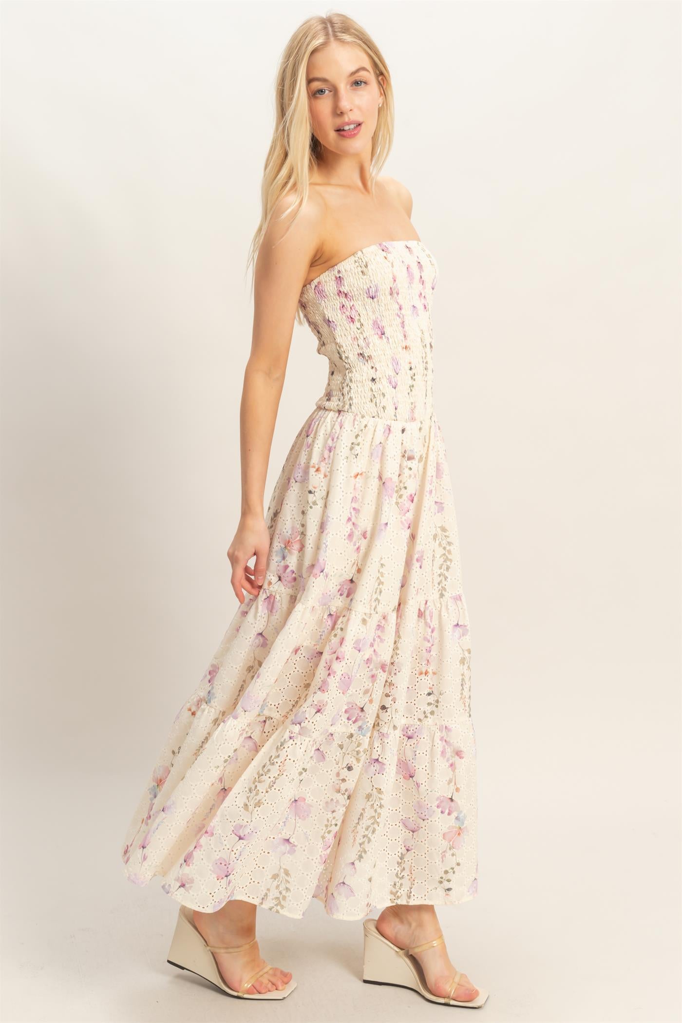 Wholesale Strapless Smocked Floral Dress Dresses HF25E642-D YELLOW HYFVE