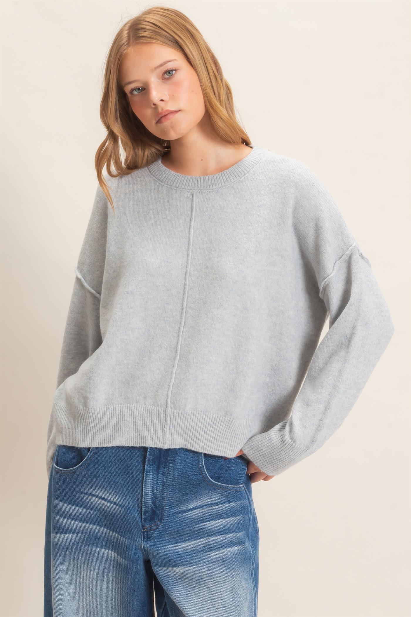 Wholesale Crew Neck Sweater With Ribbed Hem Sweaters HF26E203-D MISTY BLUE HYFVE