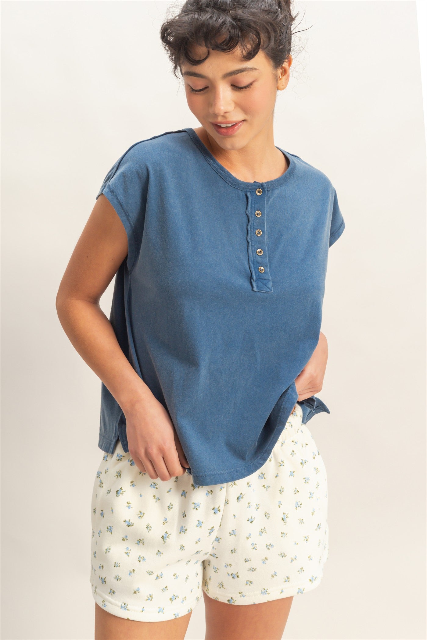 Wholesale Henley Neck Cap Sleeve Top Clothing Tops DZ26E279 NAVY DOUBLE ZERO