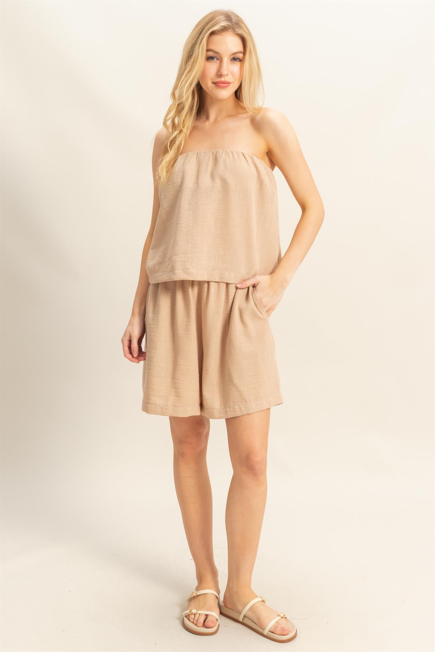 Wholesale Tube Top And Flowy Shorts Set Clothing HF25A273-SET BEIGE HYFVE