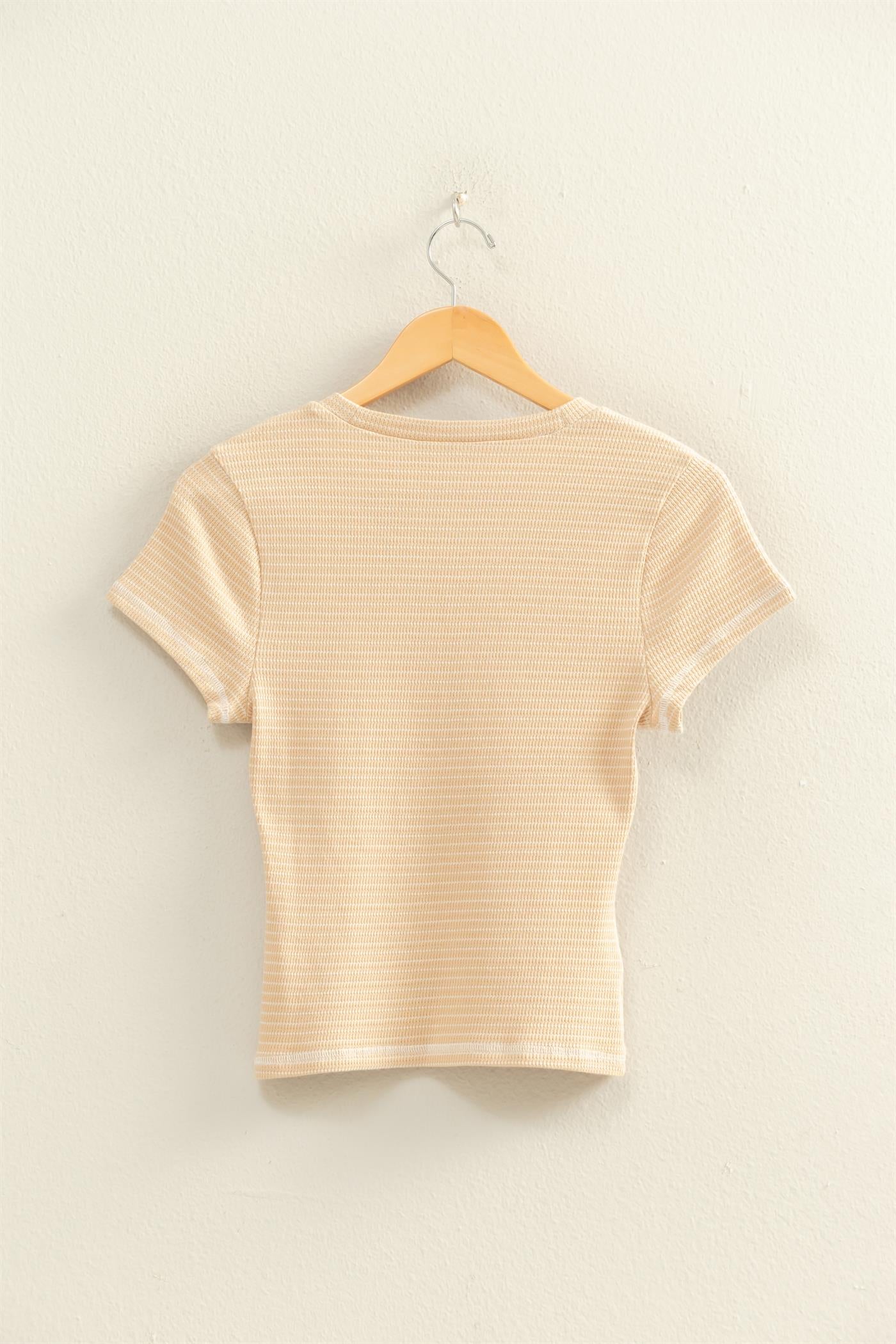 Wholesale Striped Ribbed Crew Neck Top Clothing Tops DZ26C281 TAUPE DOUBLE ZERO