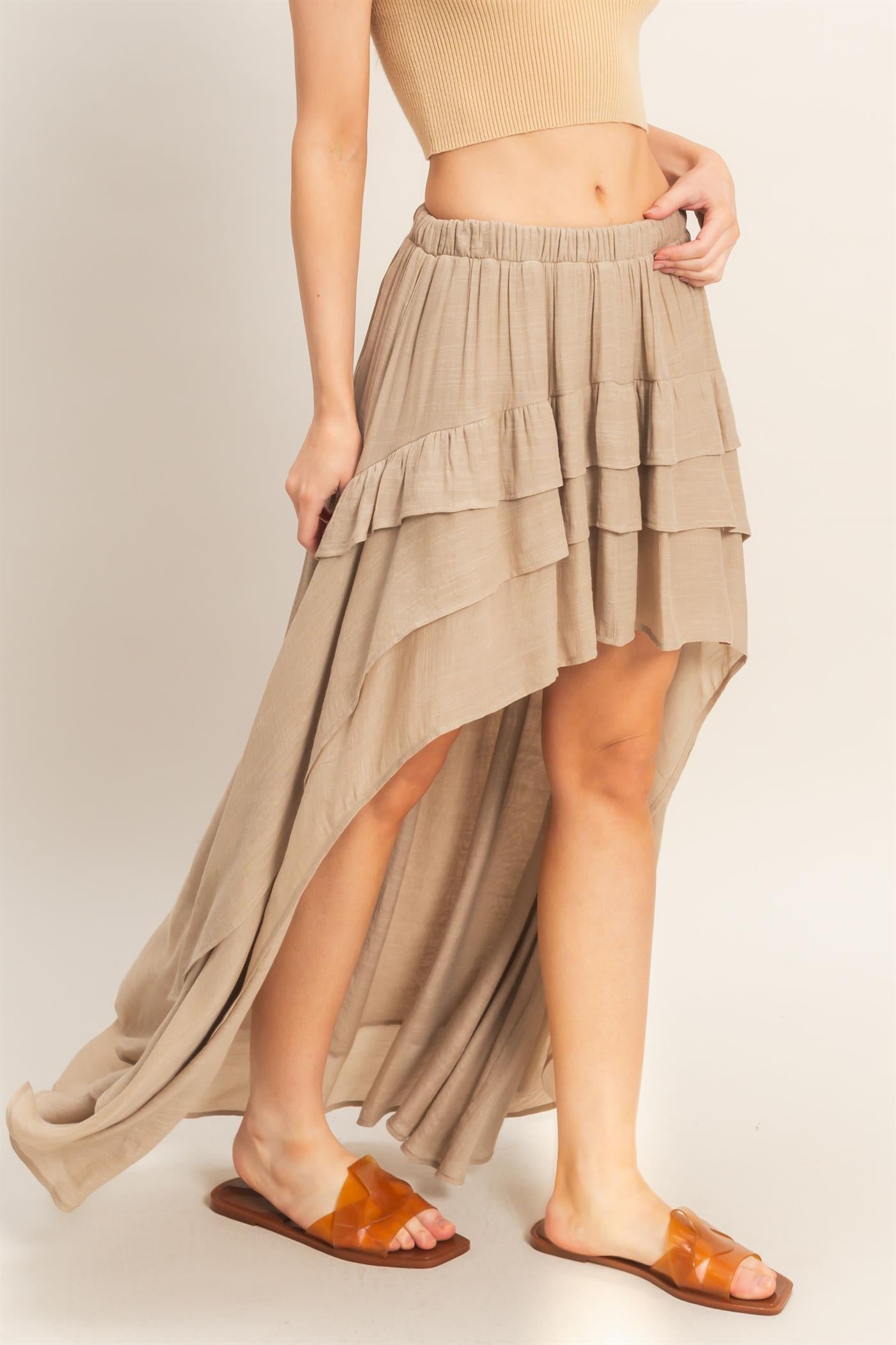 Wholesale Tiered Ruffle High-Low Skirt Skirts HF26C194 TAUPE HYFVE