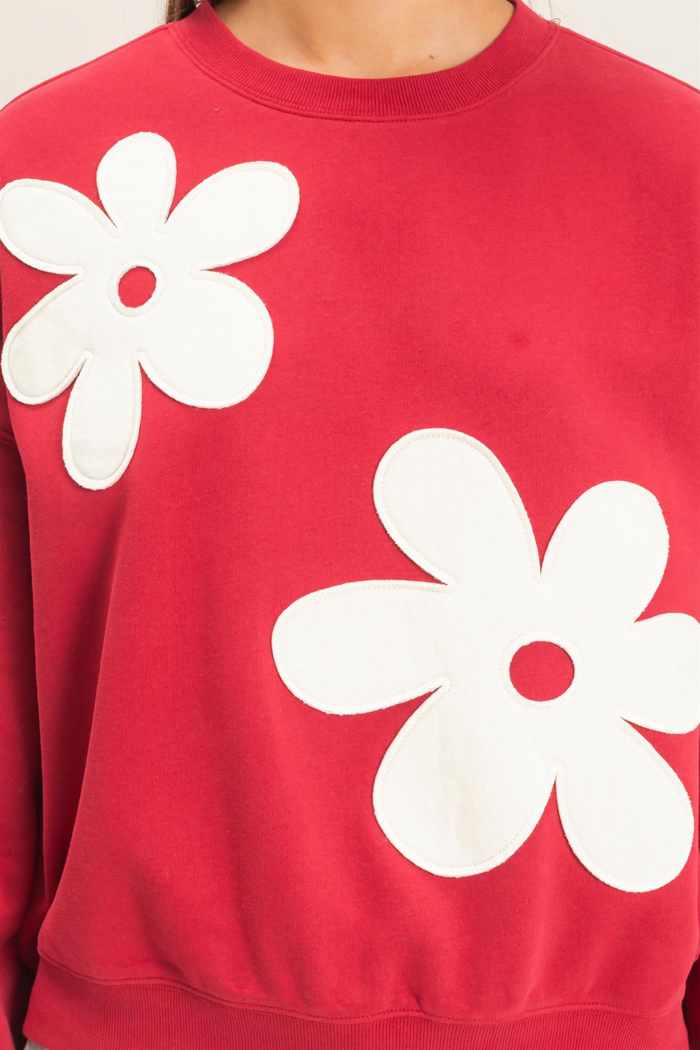 Wholesale Floral Applique Crew Neck Sweatshirt Sweatshirts DZ26E708 DARK RED DOUBLE ZERO