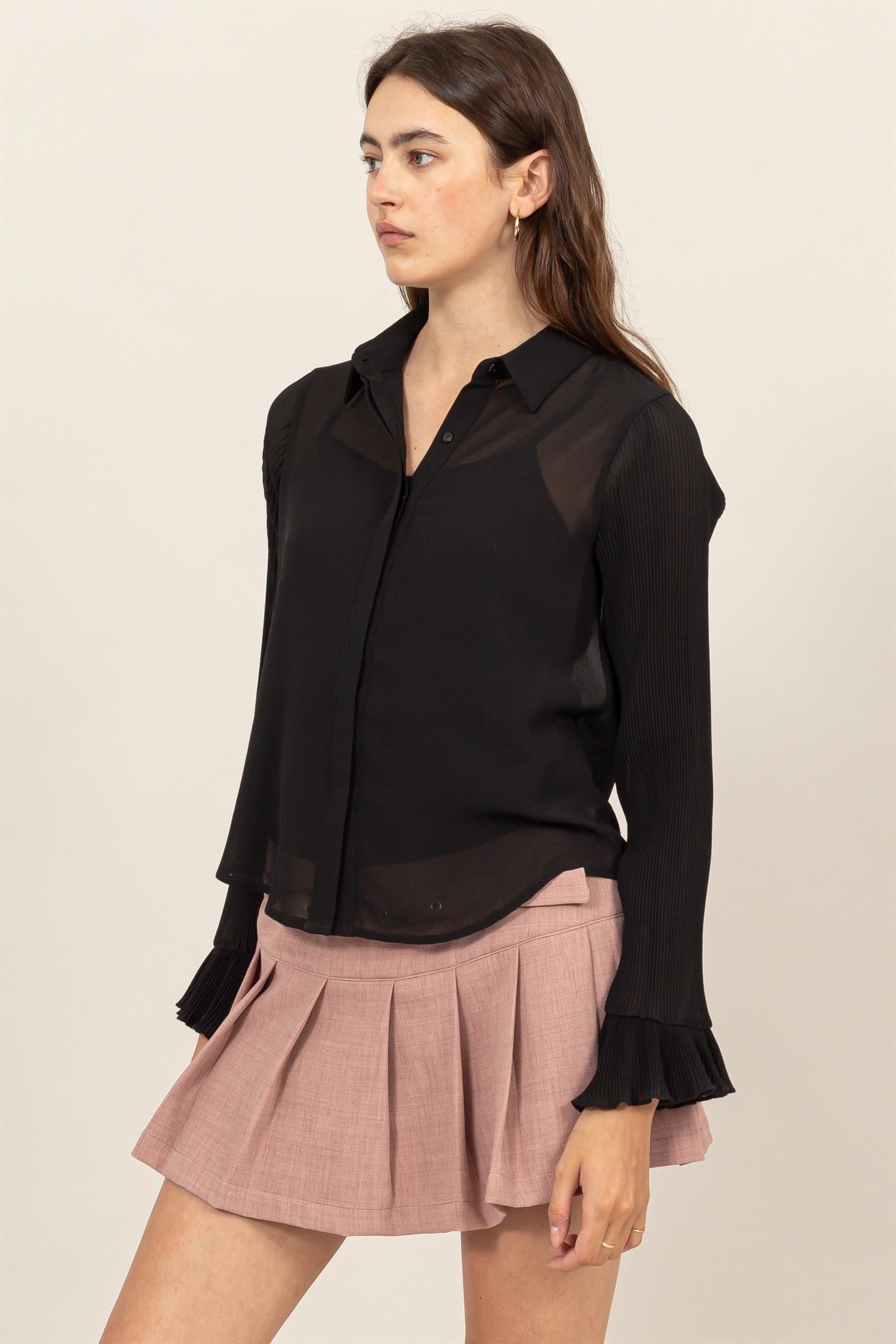 Wholesale Bell Sleeve Blouse With Inside Lining Clothing Tops HF25A769 BLACK HYFVE
