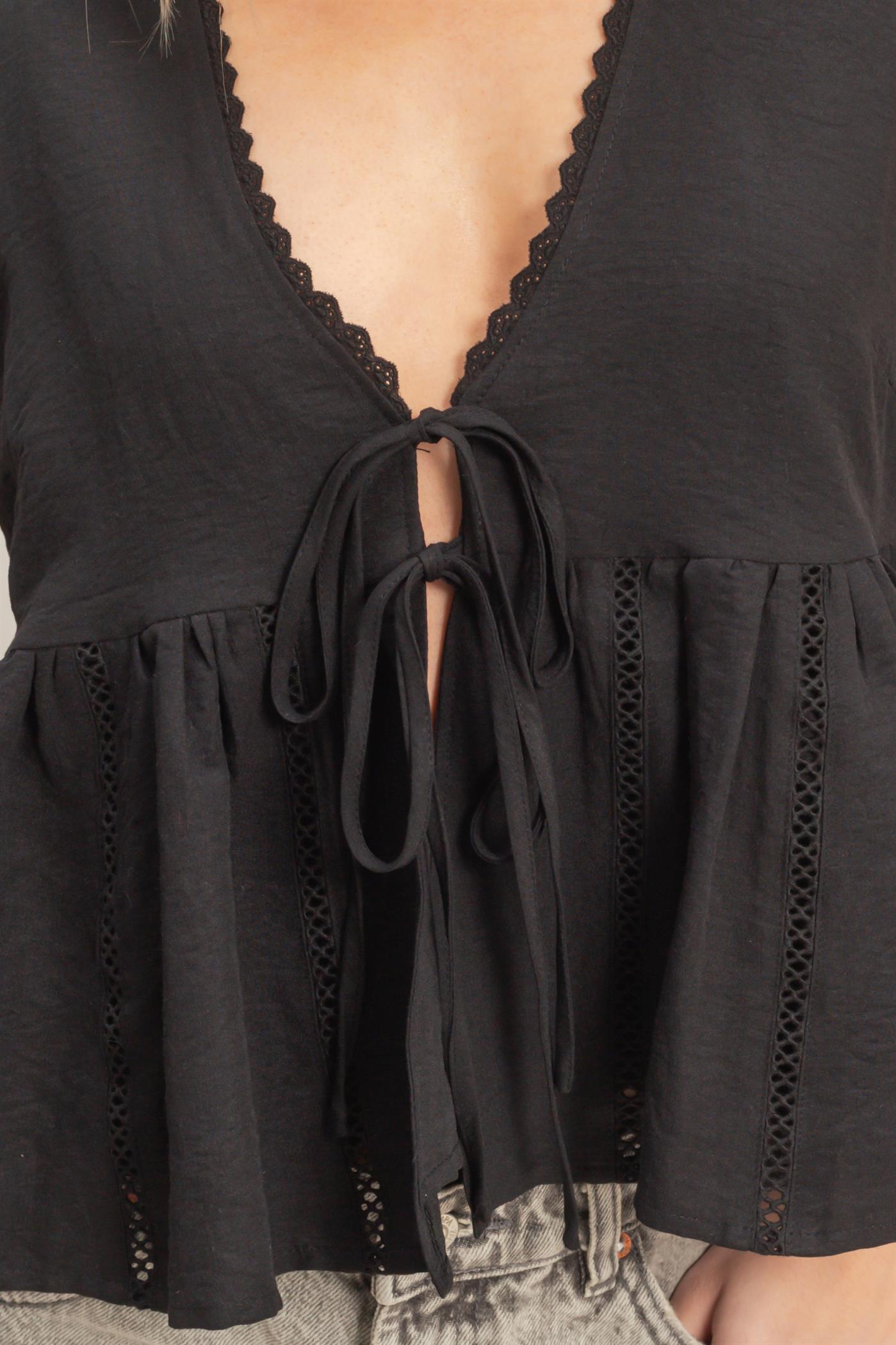 Wholesale Lace Trim Tie Front Top Clothing Tops HF26C100-D BLACK HYFVE