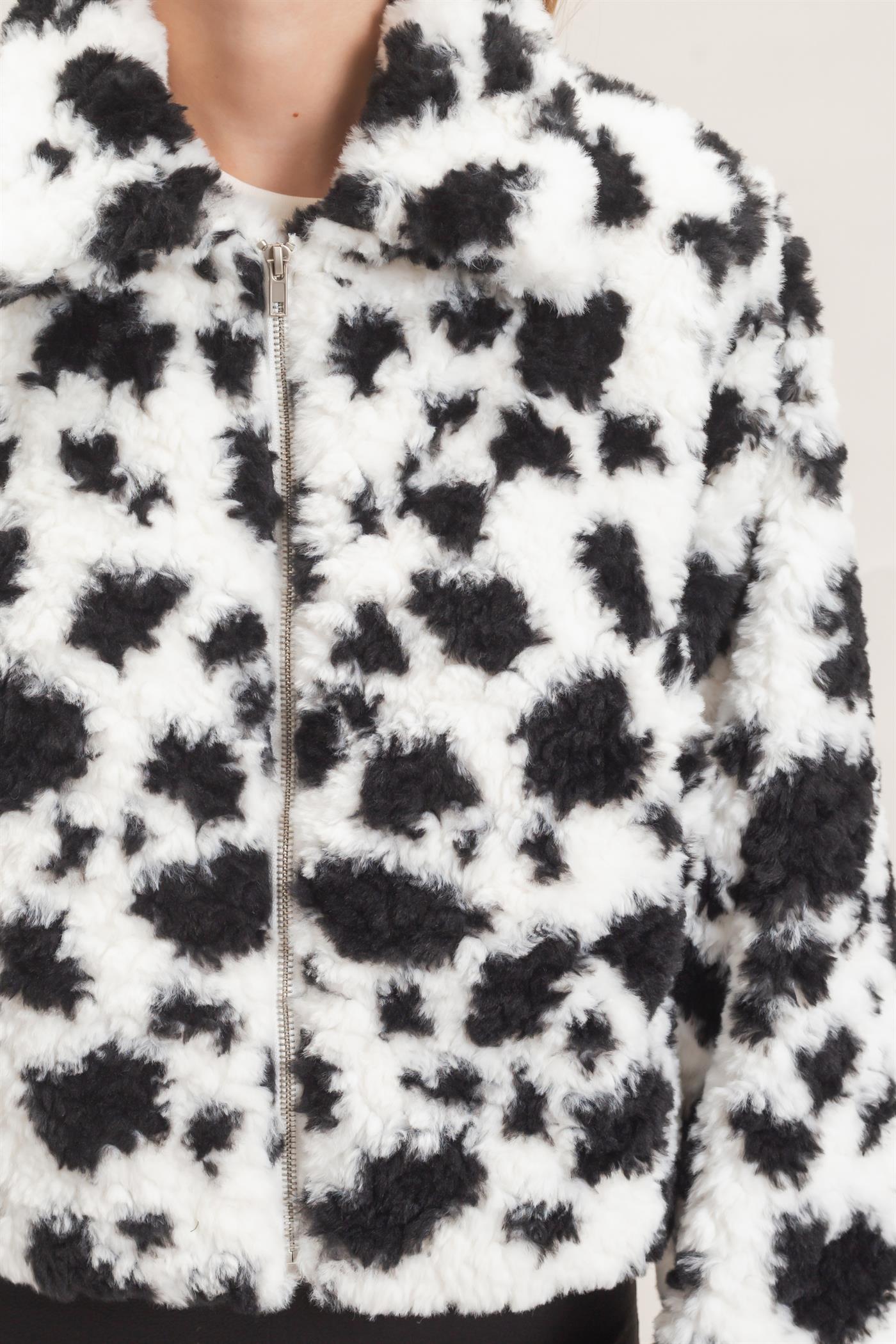 Wholesale Cow Print Faux Fur Zip-Up Jacket Coats & Jackets HF26F056 BLACK HYFVE