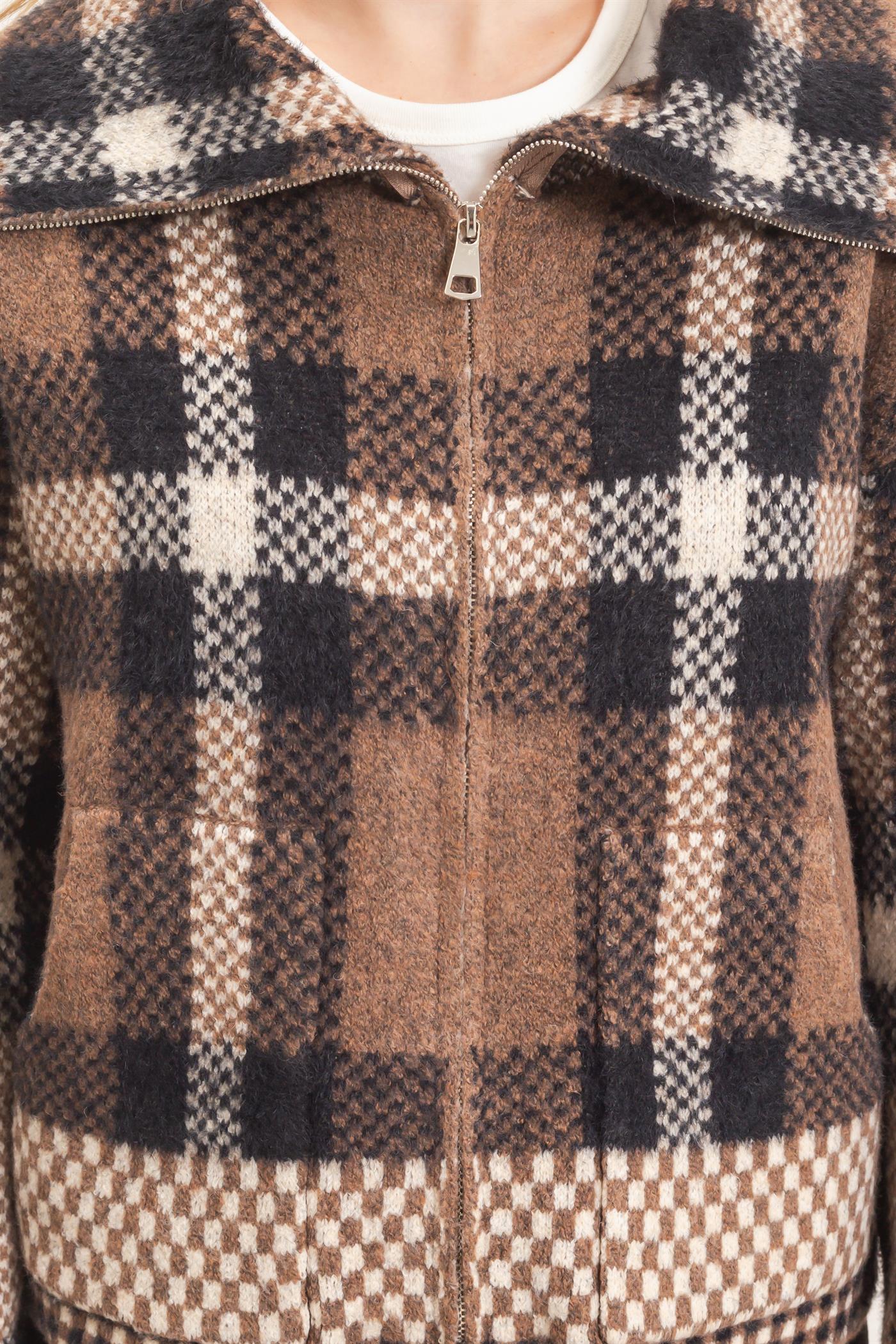 Wholesale Wide Collar Plaid Zip-Up Sweater Cardigans HF26E898 BROWN COMBO HYFVE
