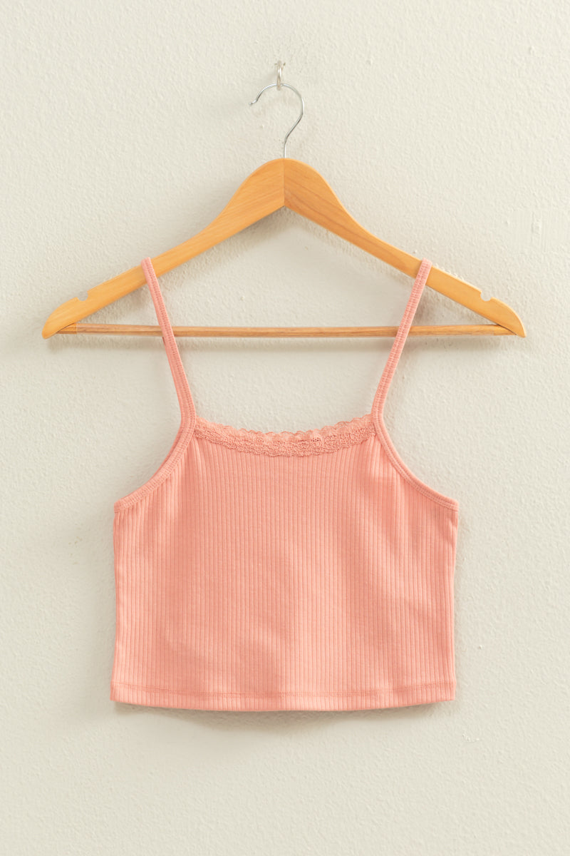 Wholesale Ribbed Lace Detail Cami Crop Top Clothing Tops DZ22C573 TEAK ROSE DOUBLE ZERO