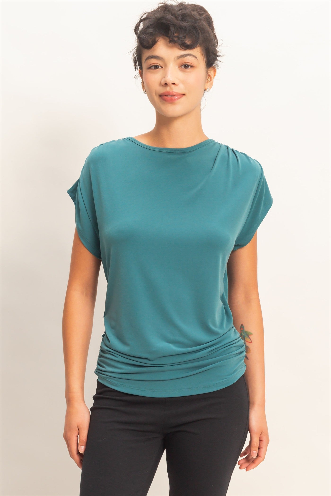 Wholesale Cowl Back Draped Cap Sleeve Top Clothing Tops DZ26C025 DARK TEAL DOUBLE ZERO