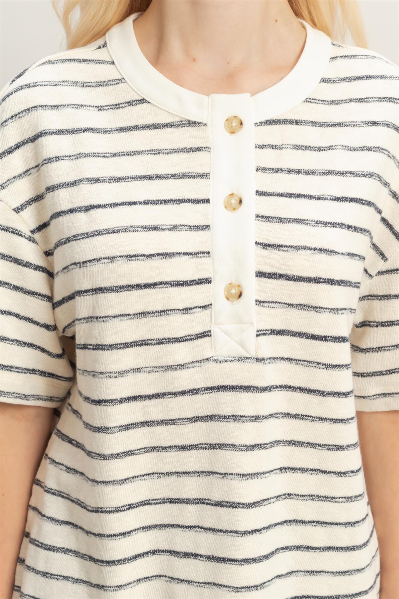 Wholesale Striped Short Sleeve Henley Top Clothing Tops DZ26A653 BLACK DOUBLE ZERO