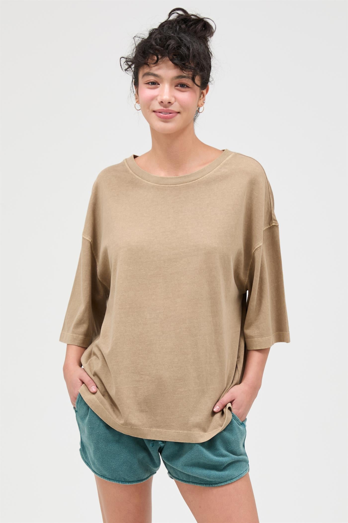Wholesale Pigment Dye Oversized Half-Sleeve T-Shirt Clothing Tops DZ26A459 MOCHA DOUBLE ZERO