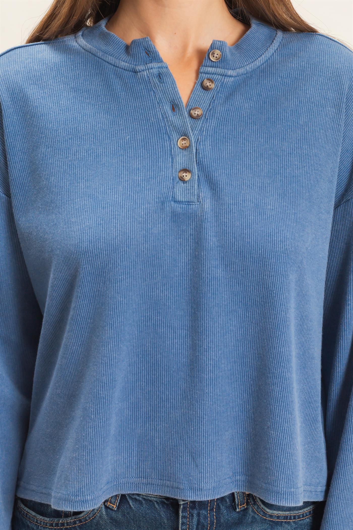 Wholesale Buttoned Henley Top Clothing Tops HF26F081 BLUE HYFVE