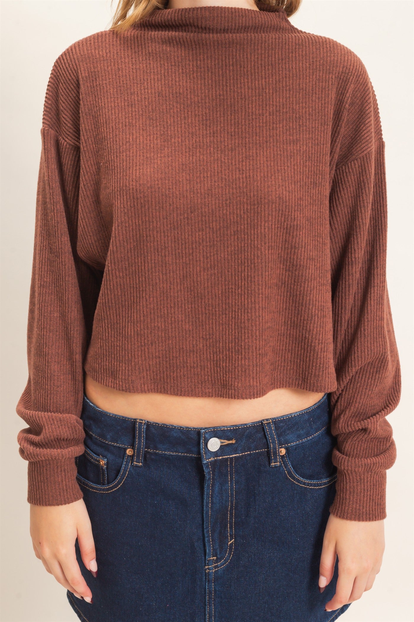 Wholesale Ribbed Mock Neck Top Clothing Tops HF26F030 BROWN HYFVE