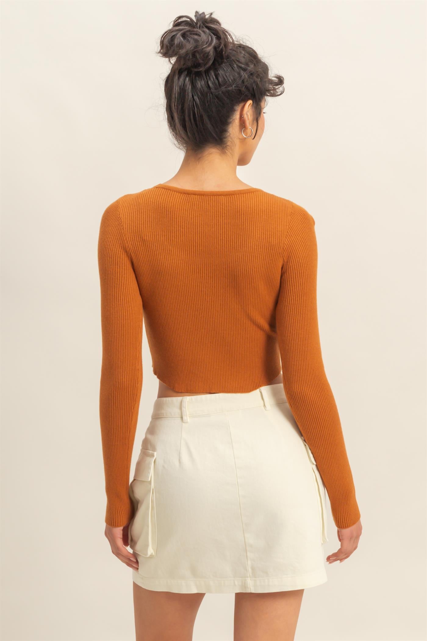 Wholesale Scoop Neck Long Sleeve Fitted Knit Top Clothing Tops DZ25E353 CARAMEL DOUBLE ZERO