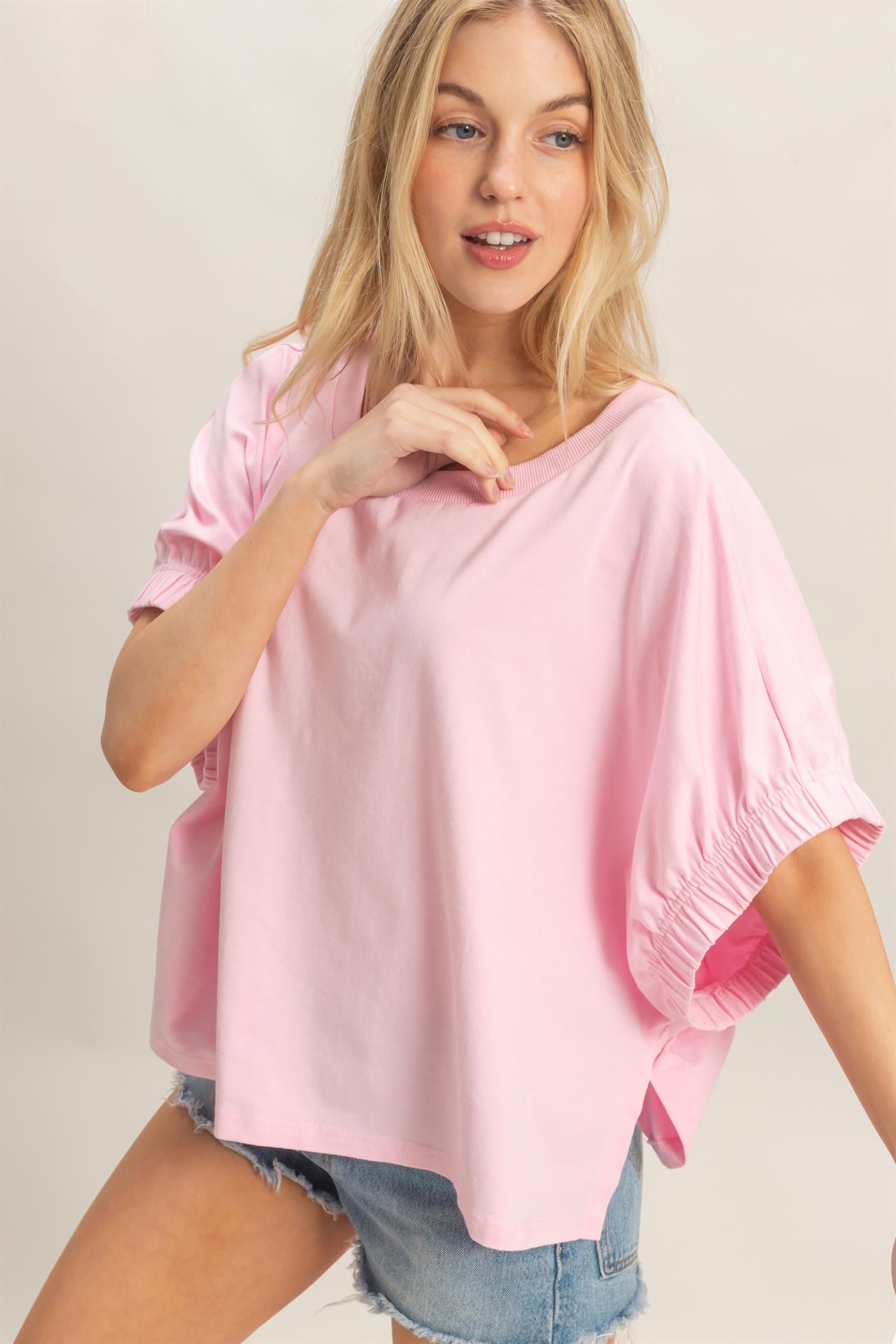 Wholesale Oversized Elastic Cuff Top T-Shirts HF26C082 LIGHT PINK HYFVE